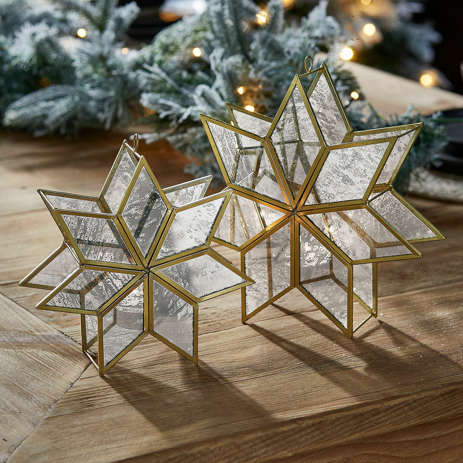 Set de 2 portavelas Zaydan Estrellas decorativas de latón y vidrio con efecto espejo envejecido para decoración navideña