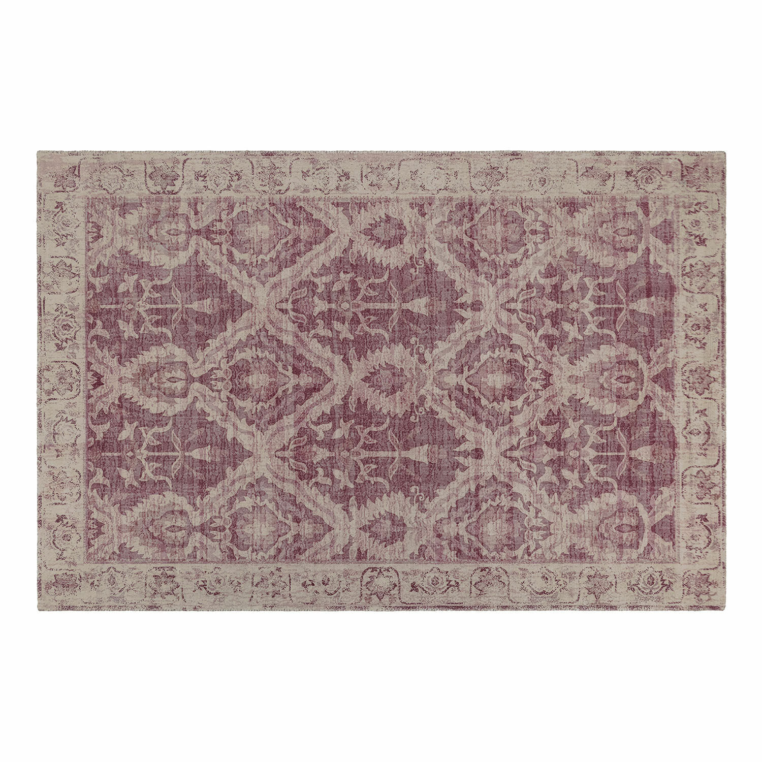Alfombra con diseño oriental en tonos rosa y beige, material suave, decoración para interiores