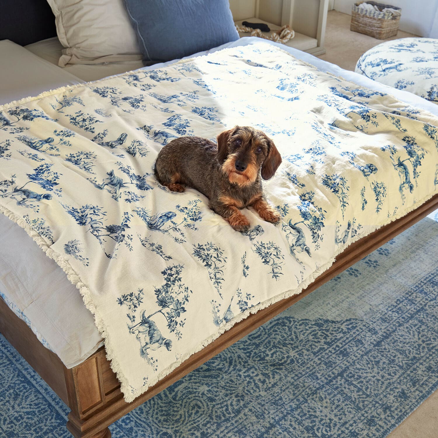 Manta de algodón color crema con estampado azul de animales sobre cama de madera con perro salchicha