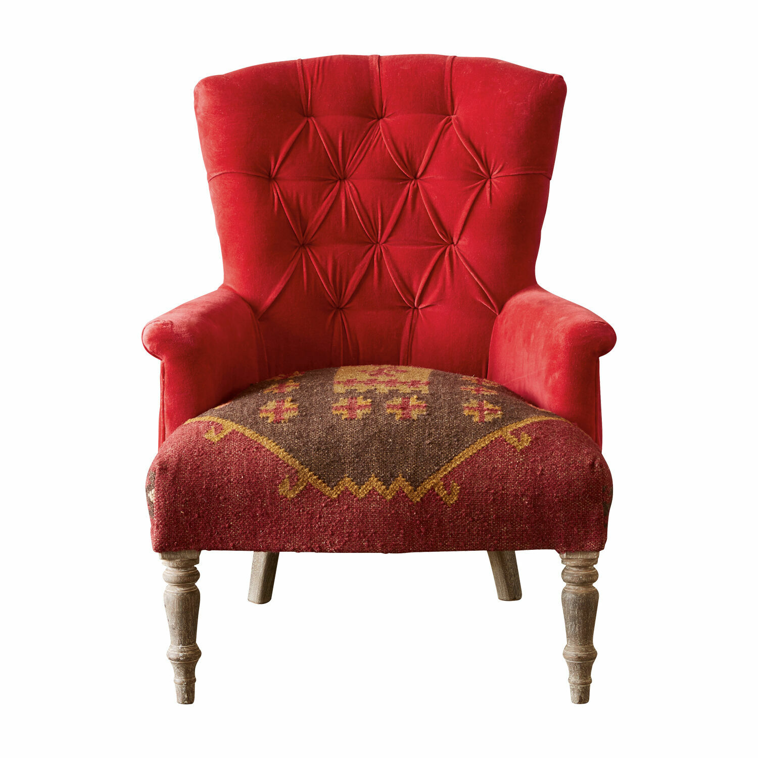 rojo/marrón Sillón Hinsdale rojo de terciopelo con patrón decorativo en el asiento y patas de madera