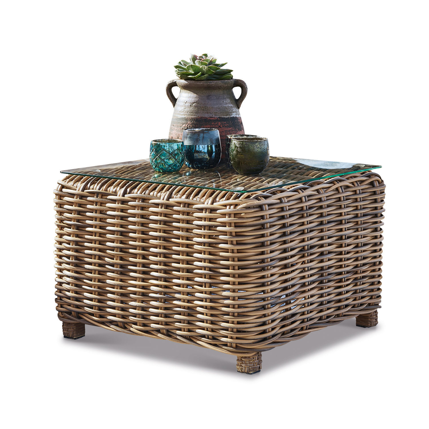 Mesa auxiliar Cubo Mesa cuadrada de ratán con tapa de cristal, decorada con portavelas y maceta con suculenta