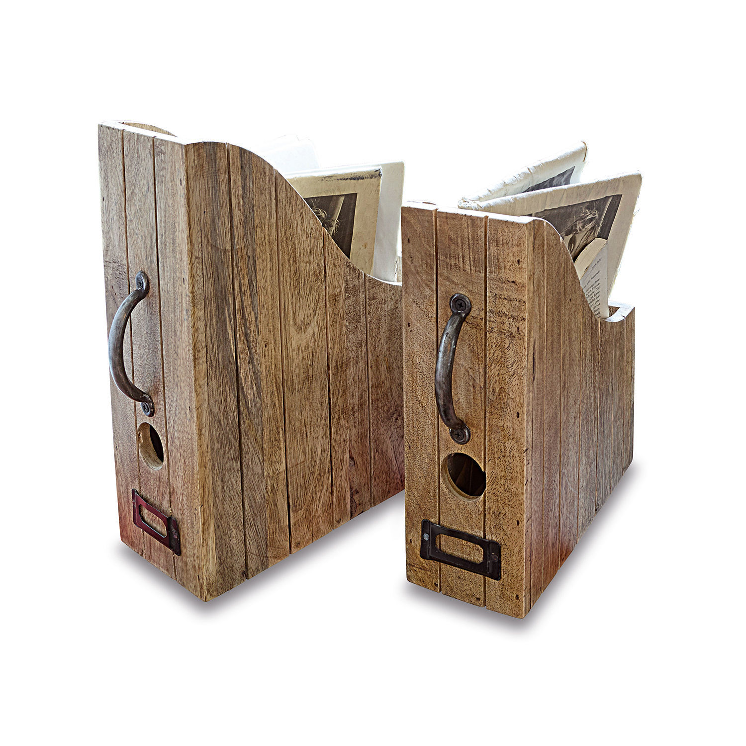 Set de 2 archivadores Kardifa Revisteros de madera con asas metálicas en color natural para almacenamiento ordenado