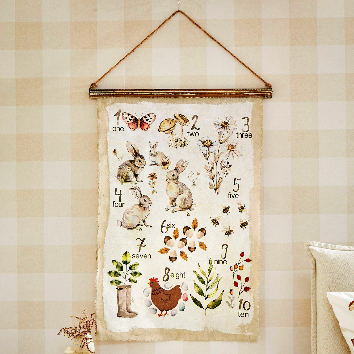 Póster Kalhira Póster decorativo de pared con números e ilustraciones de animales y plantas en colores naturales