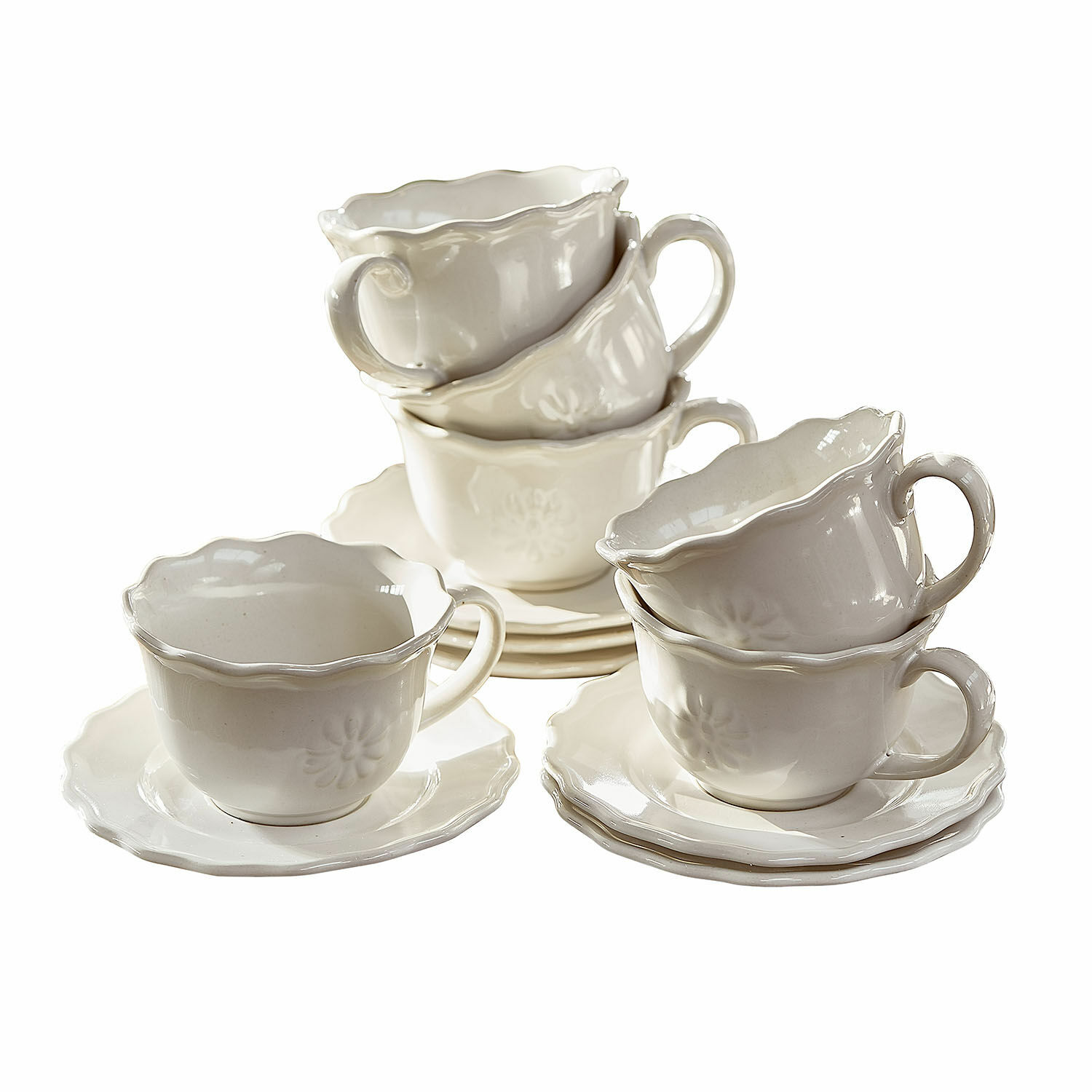 Set de 6 tazas con platillos Mallevesse Juego de tazas y platos de cerámica blanca con delicado diseño floral para té