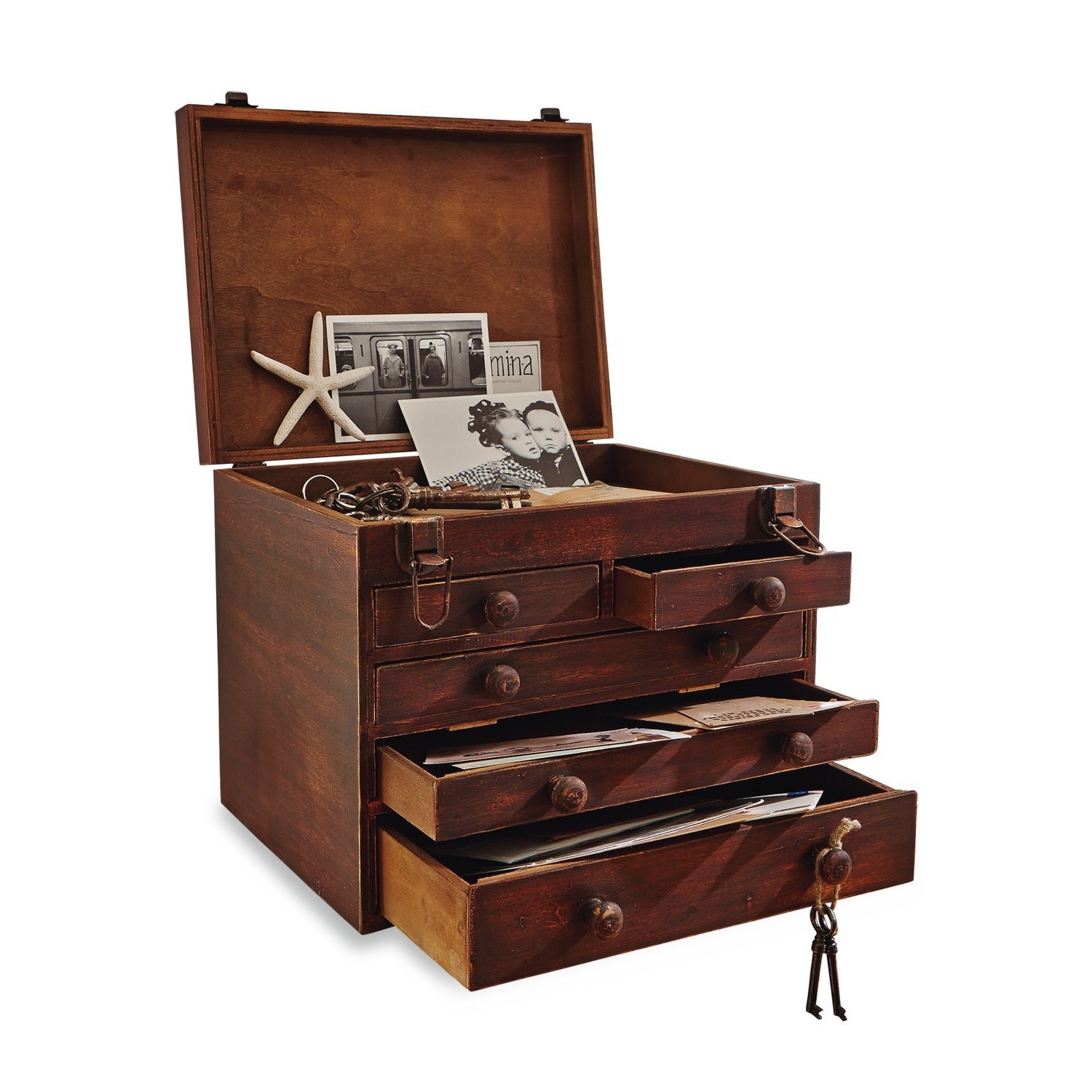 Secreter de escritorio Clearfield Caja de madera con cajones abiertos, llaves y fotos en su interior, estilo vintage