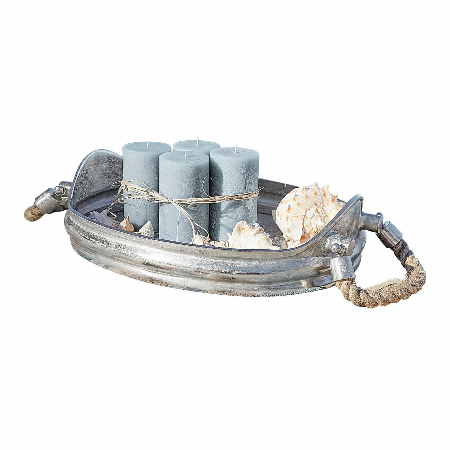 Bandeja Morgan Bandeja metálica con asas de cuerda, velas azules y conchas para decoración del hogar