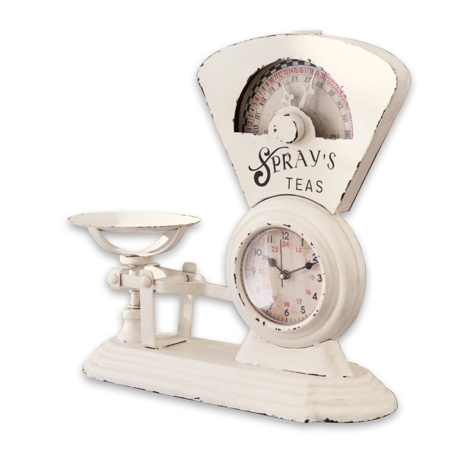 Reloj Balances Báscula de cocina metálica blanca con reloj y texto Spray's Teas, estilo vintage, decoración de cocina