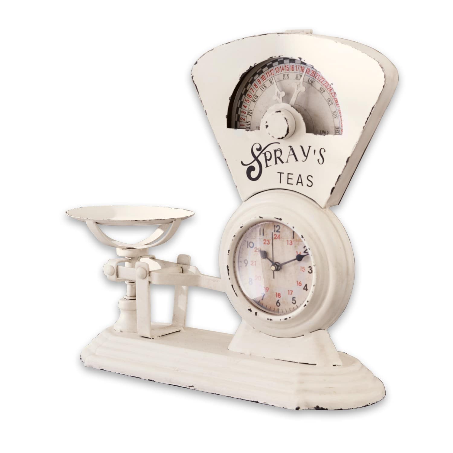 Reloj Balances Báscula de cocina metálica blanca con reloj y texto Spray's Teas, estilo vintage, decoración de cocina