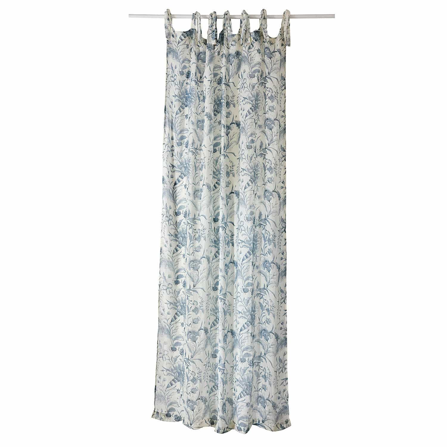 Cortina Bazas Cortina de algodón con diseño floral azul sobre fondo blanco, decoración para ventana
