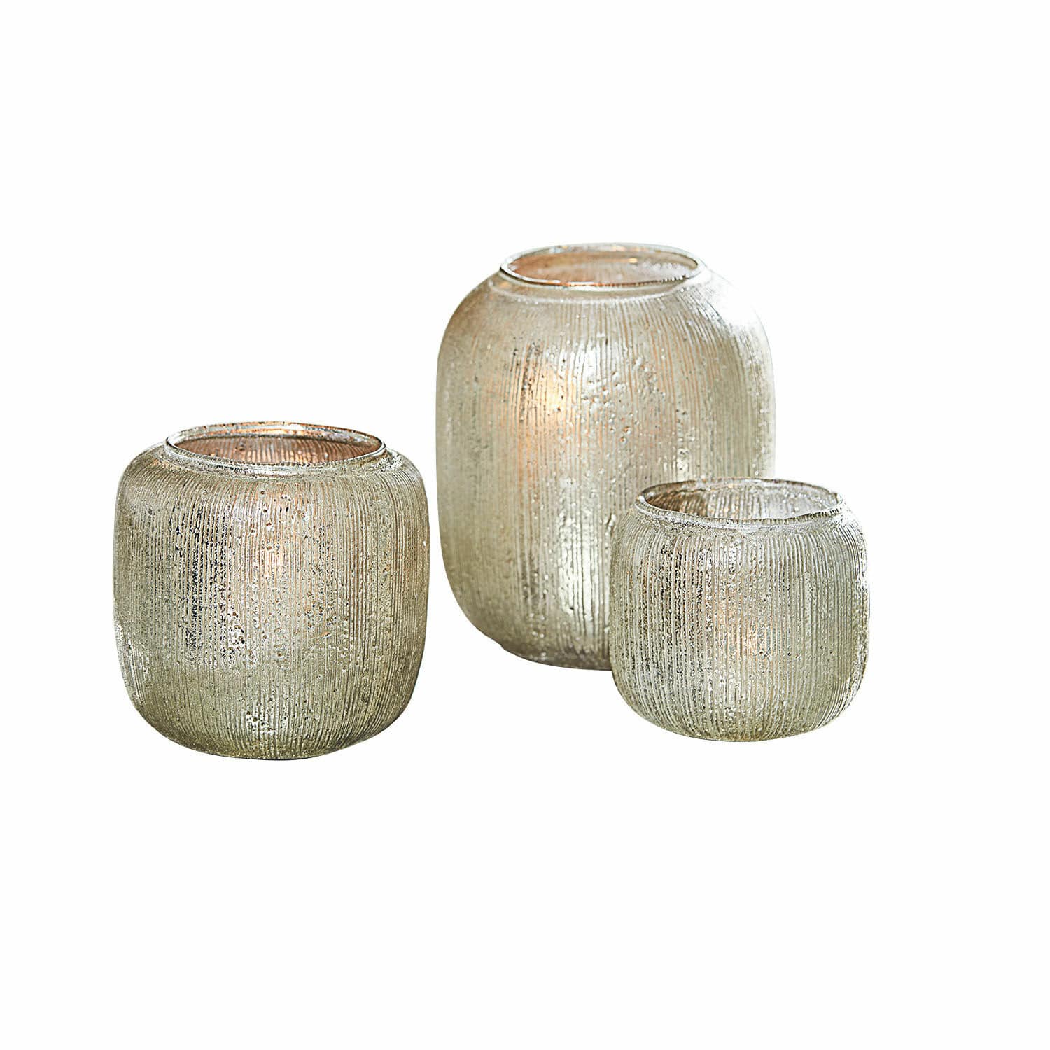 Set de 3 portavelas Clioneth Conjunto de tres portavelas de vidrio plateado con textura, decoración para el hogar, iluminación ambiental