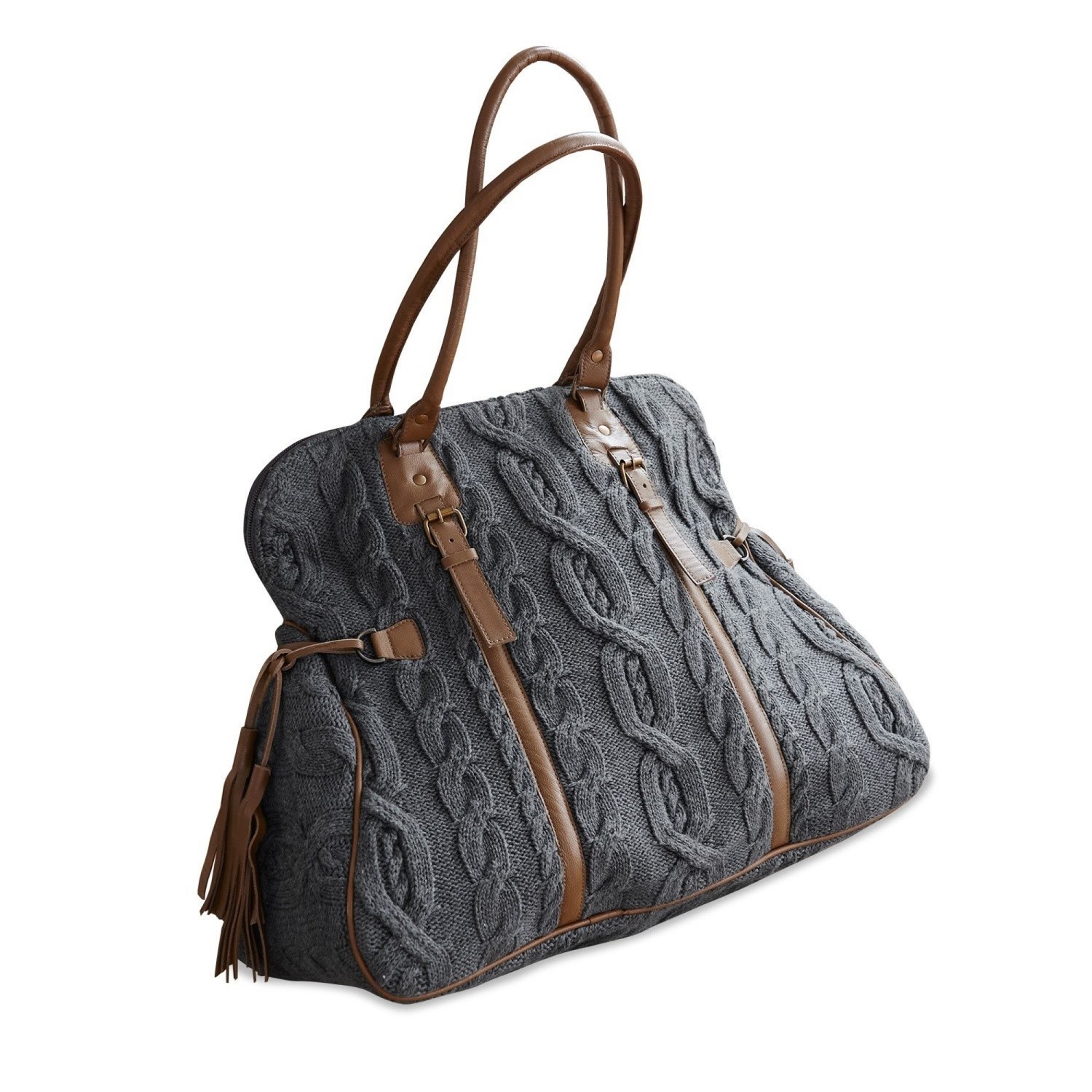 Bolso Donna gris de punto con asas y detalles de cuero marrón, accesorio de moda