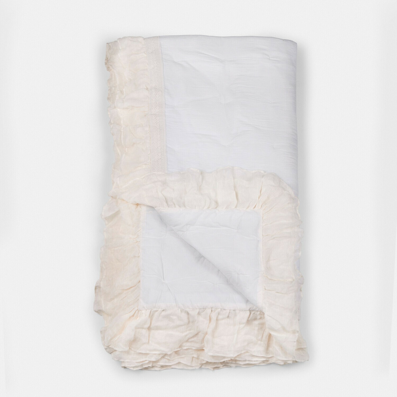 Colcha Jolévianne Colcha blanca de algodón con volante crema, suave y decorativa para dormitorio