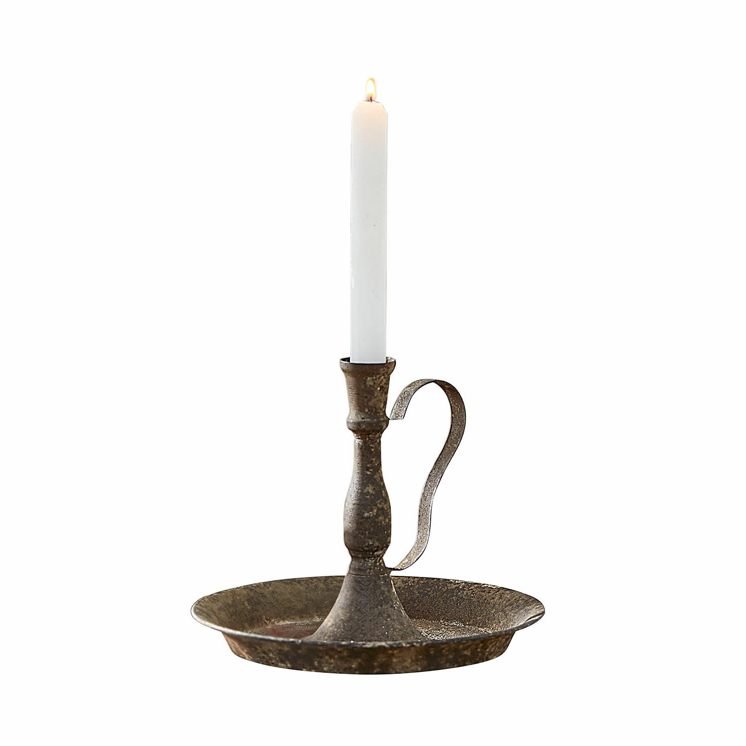 Candelero Plixora Candelero metálico oxidado con asa y vela blanca, decoración vintage para interiores