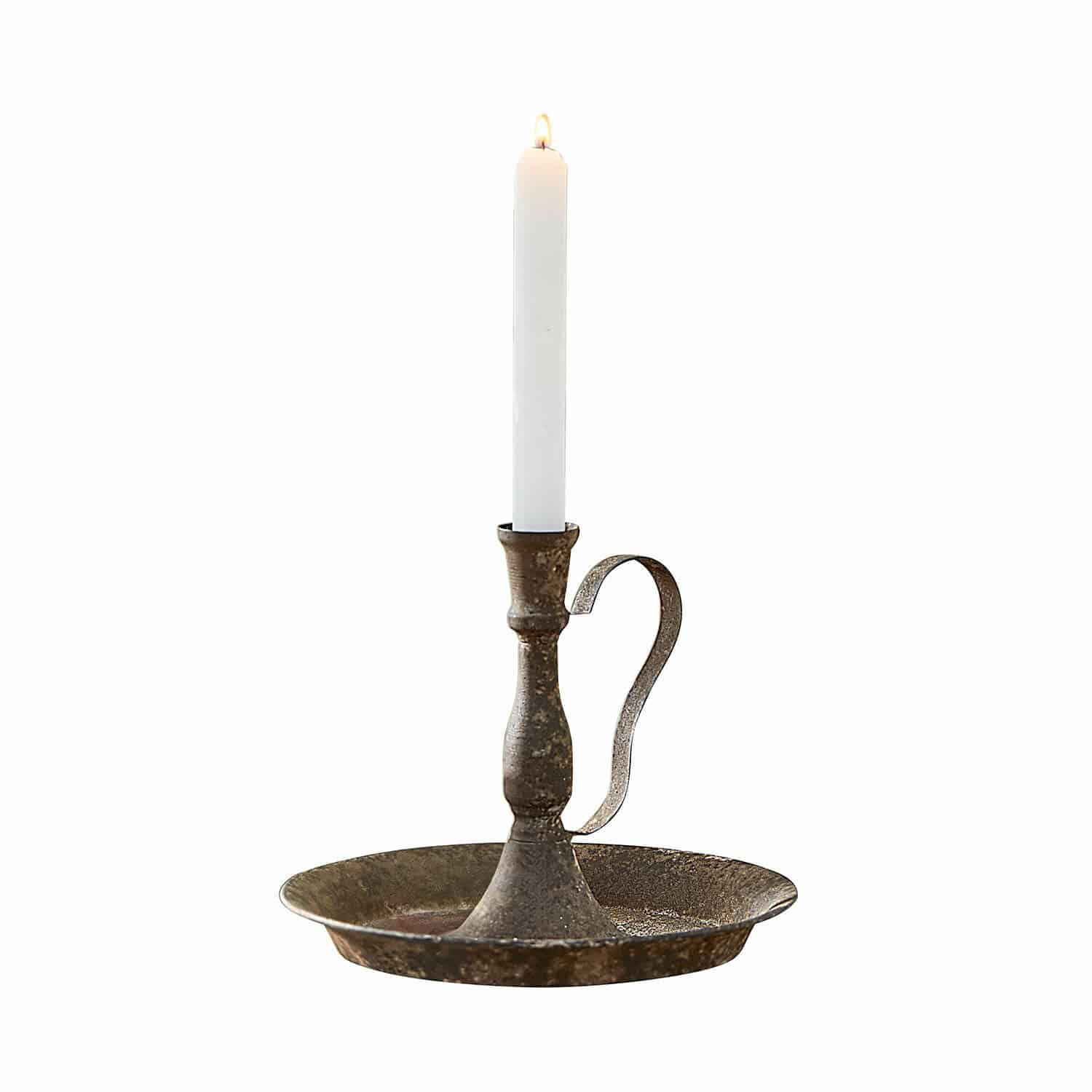 Candelero Plixora Candelero metálico oxidado con asa y vela blanca, decoración vintage para interiores