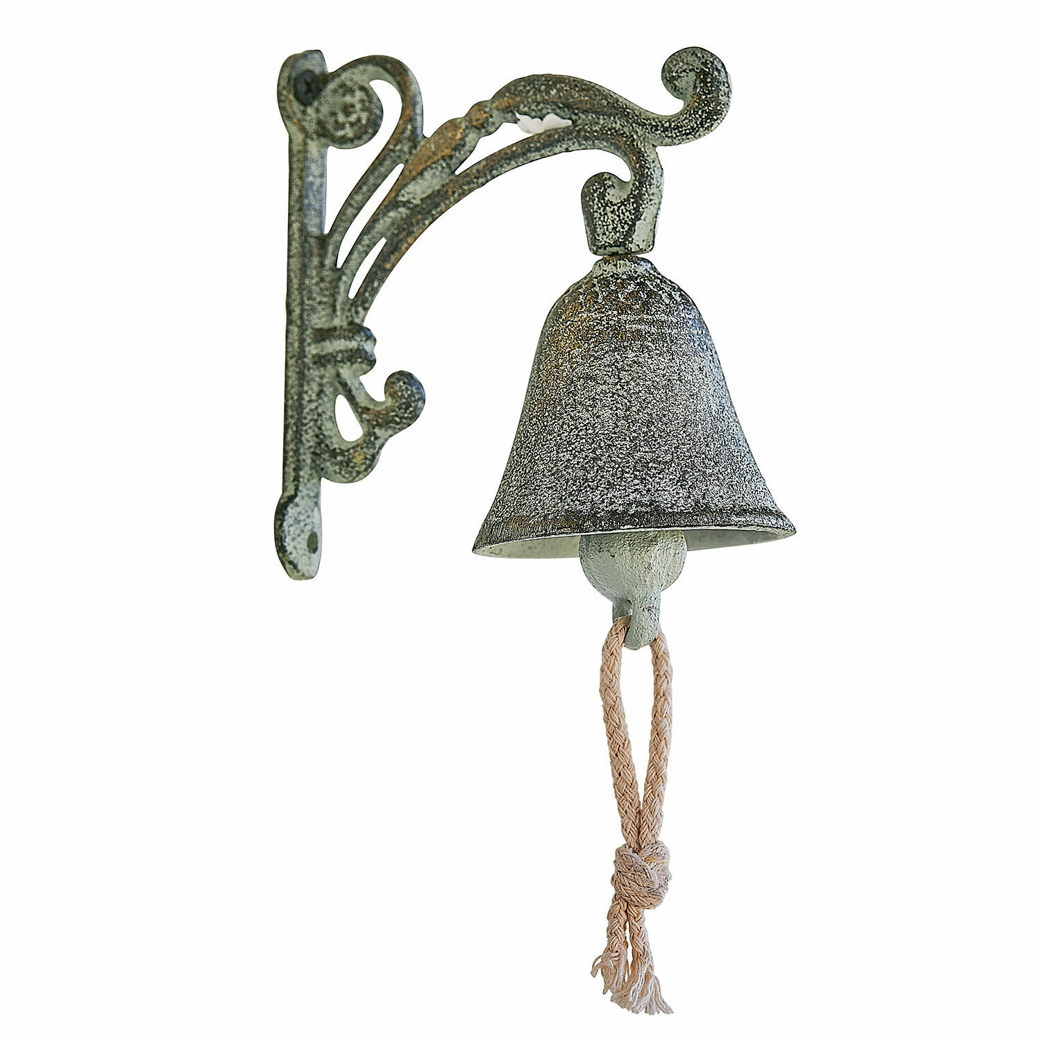 Campana Palerina Campana de pared de metal estilo vintage con acabado verde grisáceo y cuerda para tocar