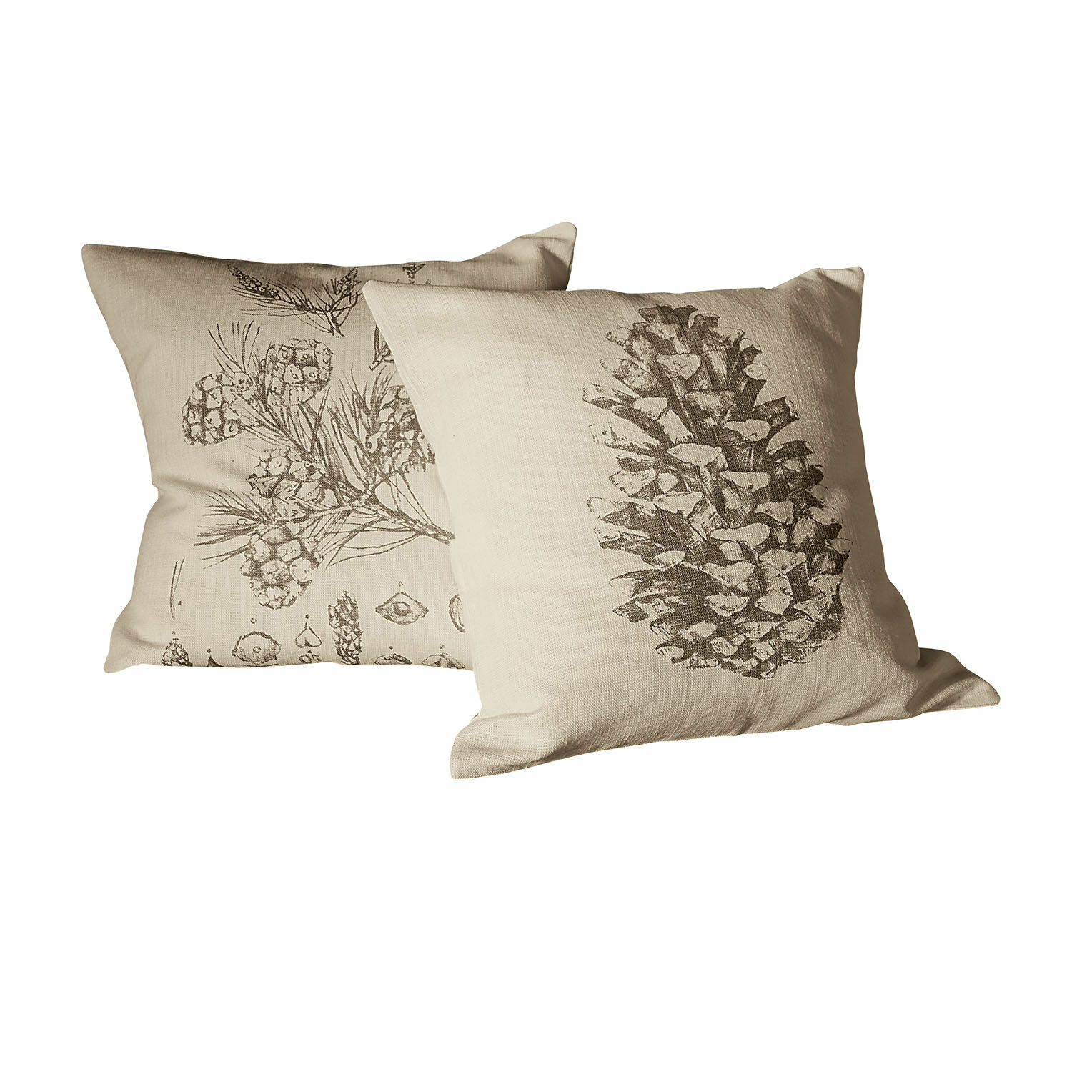 Set de 2 fundas de cojín Pinus Cojines de lino beige con estampado de piñas y ramas de pino para decoración del hogar