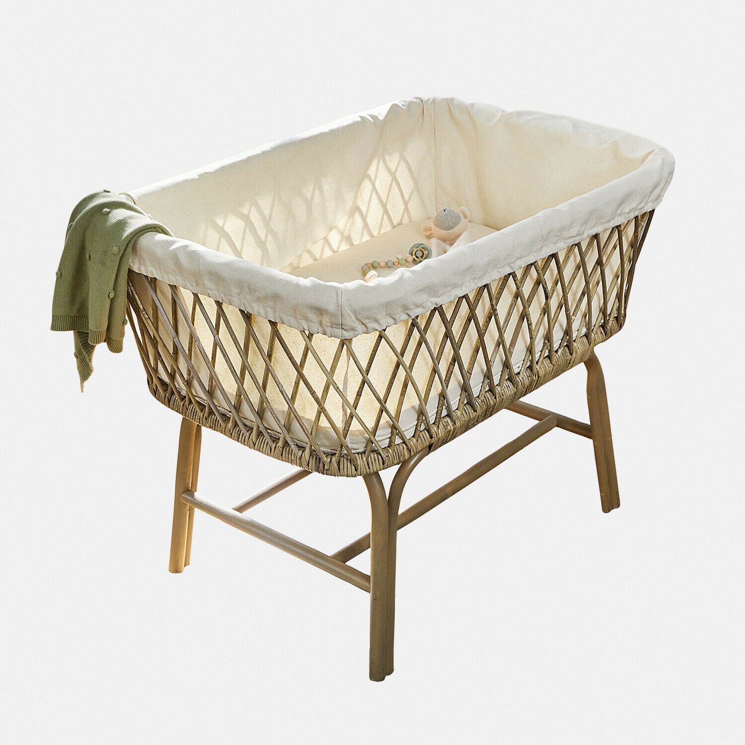 Cuna Nuvinas Cesta infantil de mimbre y madera con forro crema y manta verde, mueble para habitación de bebé