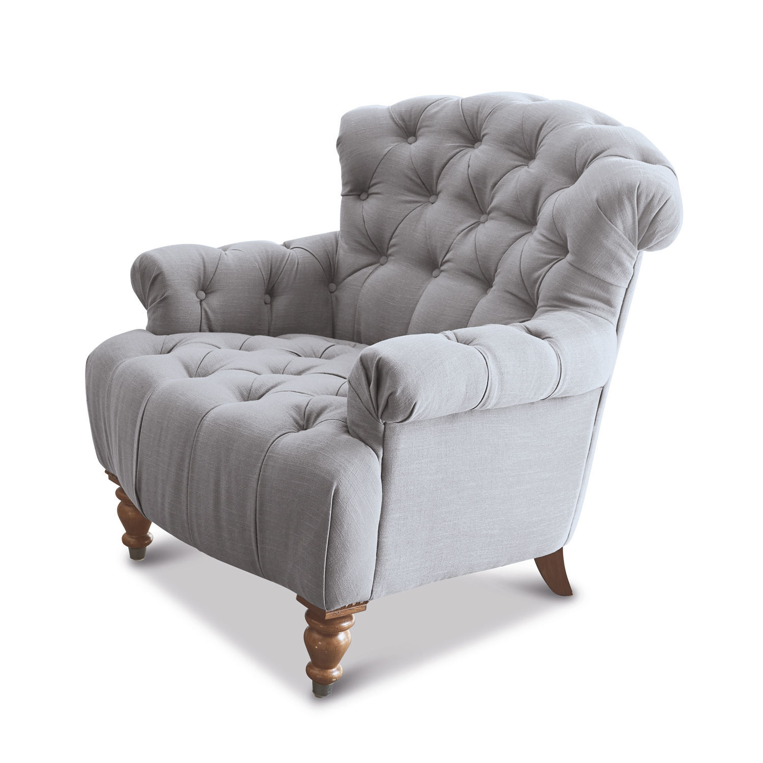 Sillón Springfield Sofá tapizado gris con patas de madera y respaldo capitoné, mueble cómodo para sala