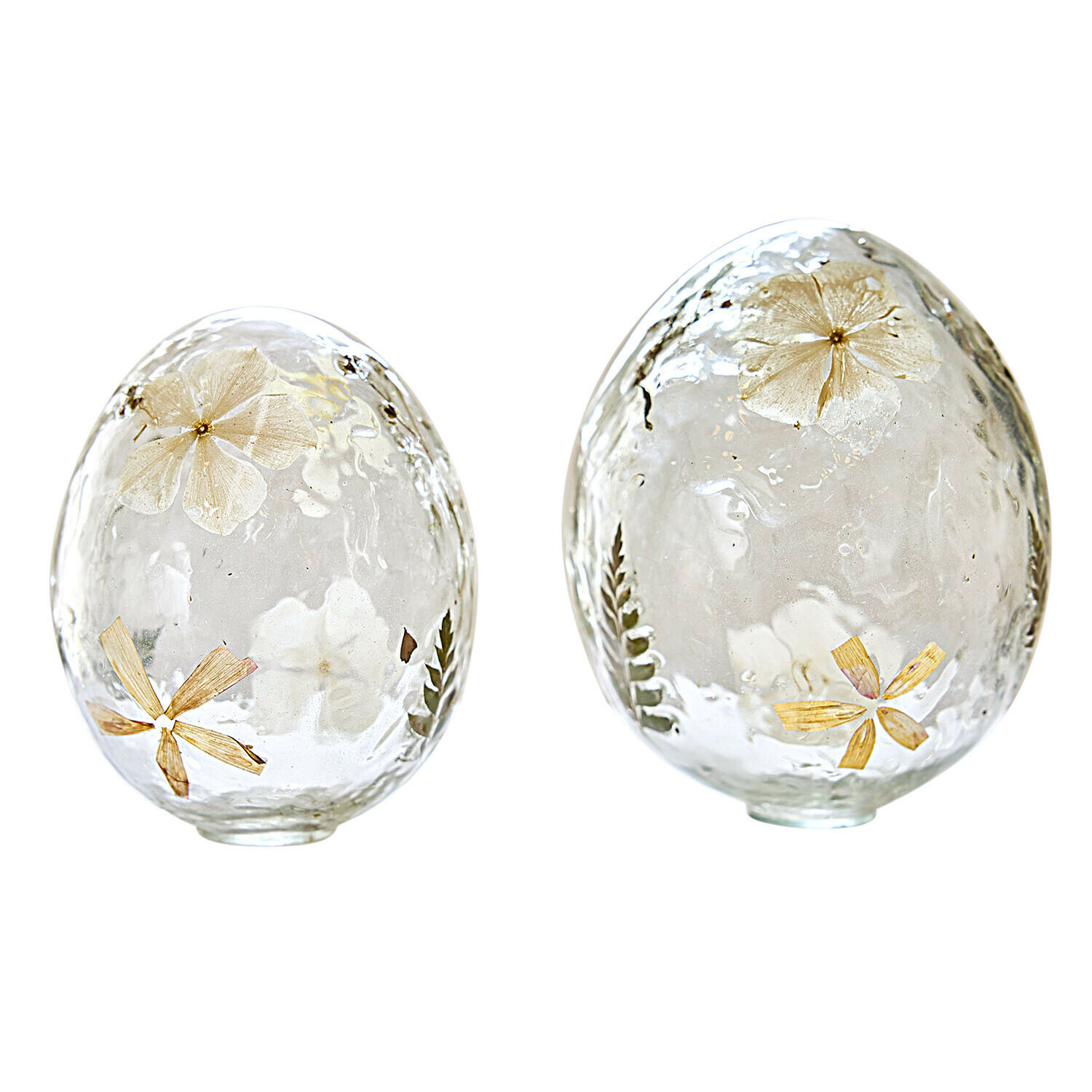 Set de 2 huevos decorativos Coudrisse Dos huevos de cristal transparentes con flores secas y hojas incrustadas, decoración primaveral