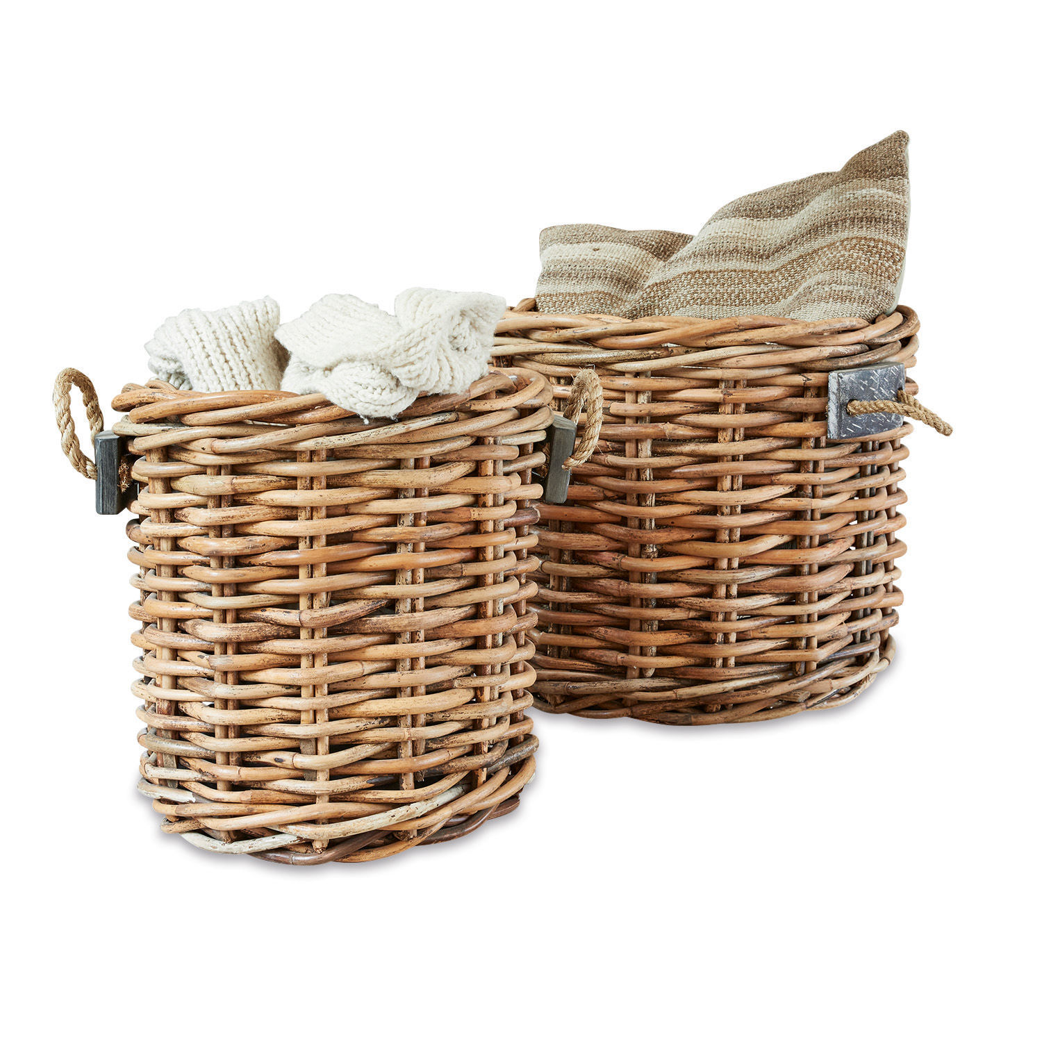 Juego de 2 cestos para la ropa Marché Conjunto de dos cestas redondas de mimbre natural con asas y textiles para almacenamiento práctico