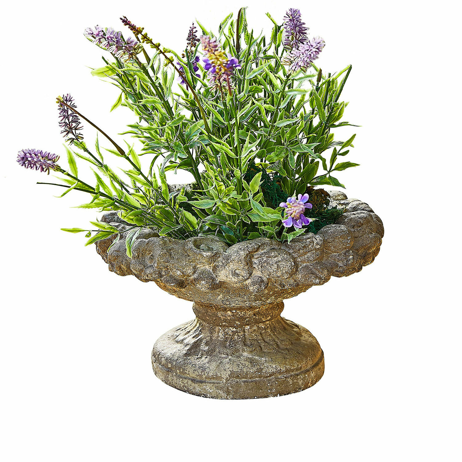 Ánfora Bellivon Maceta decorativa de piedra con plantas verdes y flores moradas para jardín