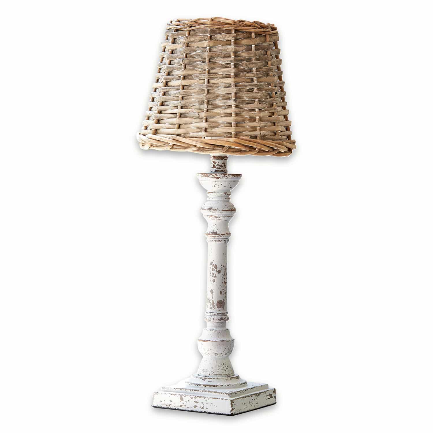 Lámpara de mesa Noelie Lámpara de mesa de madera blanca envejecida con pantalla de mimbre natural para decoración