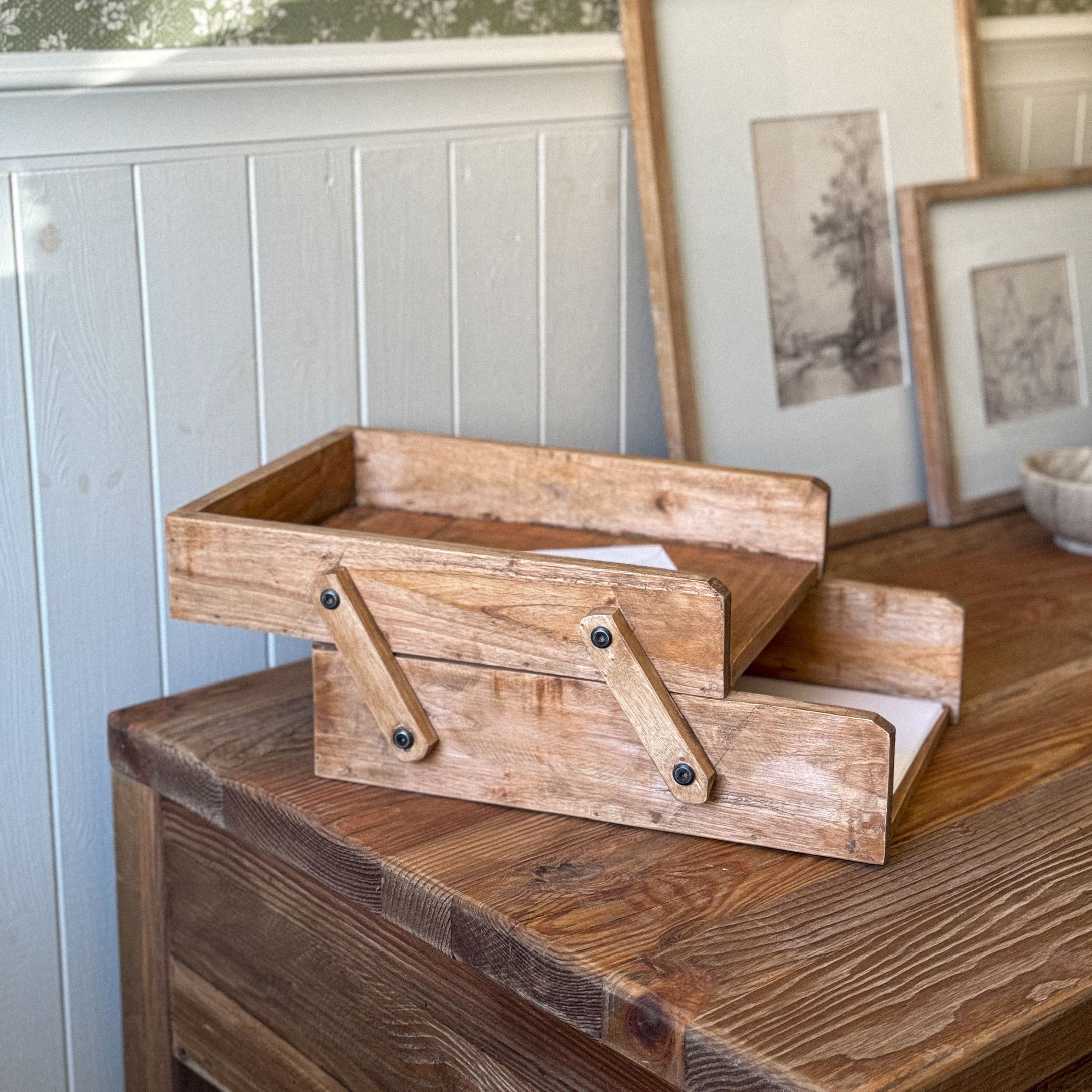 Caja de madera natural para escritorio, organizador rústico para almacenamiento práctico