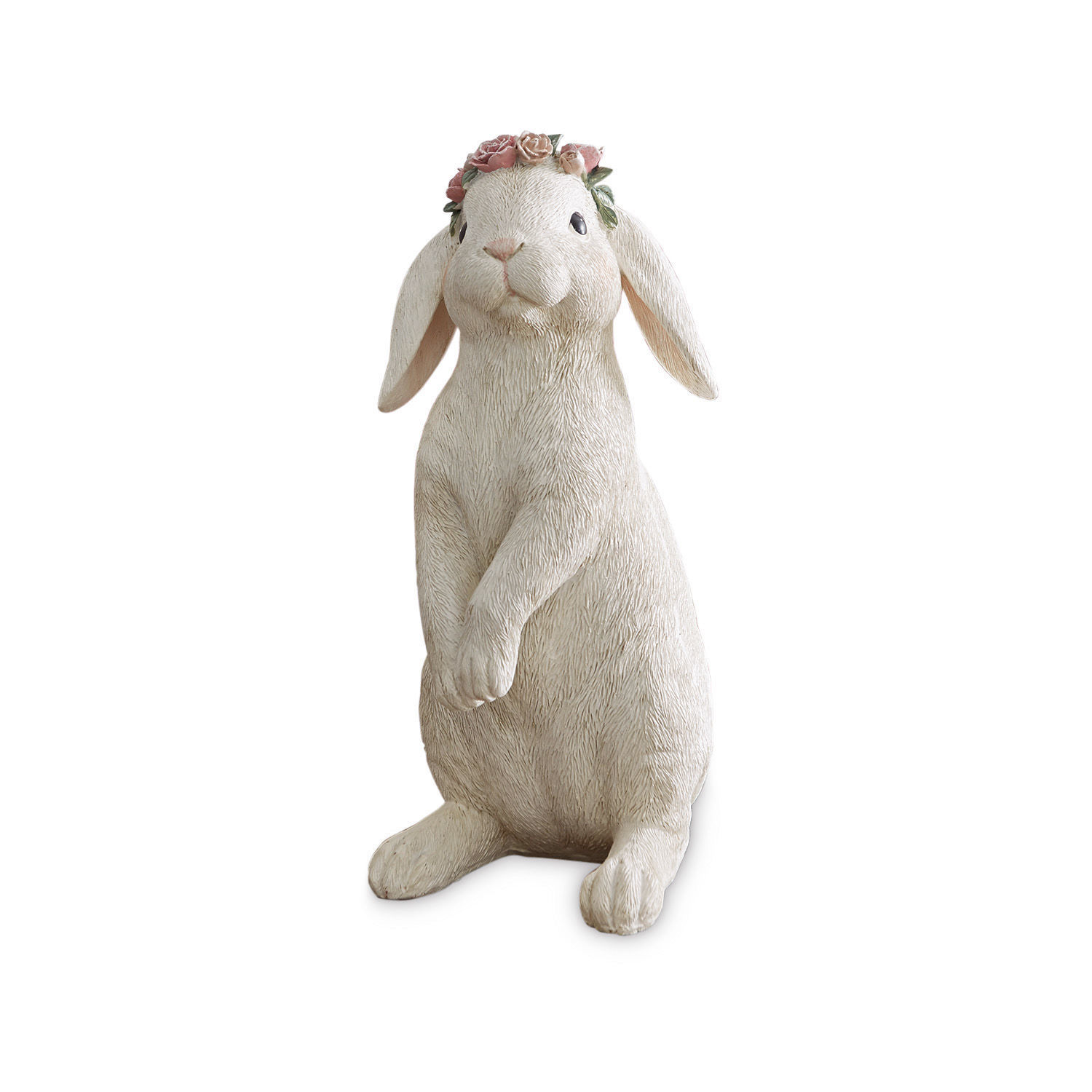 crema Figura de conejo crema con corona de flores, decoración rústica para el hogar