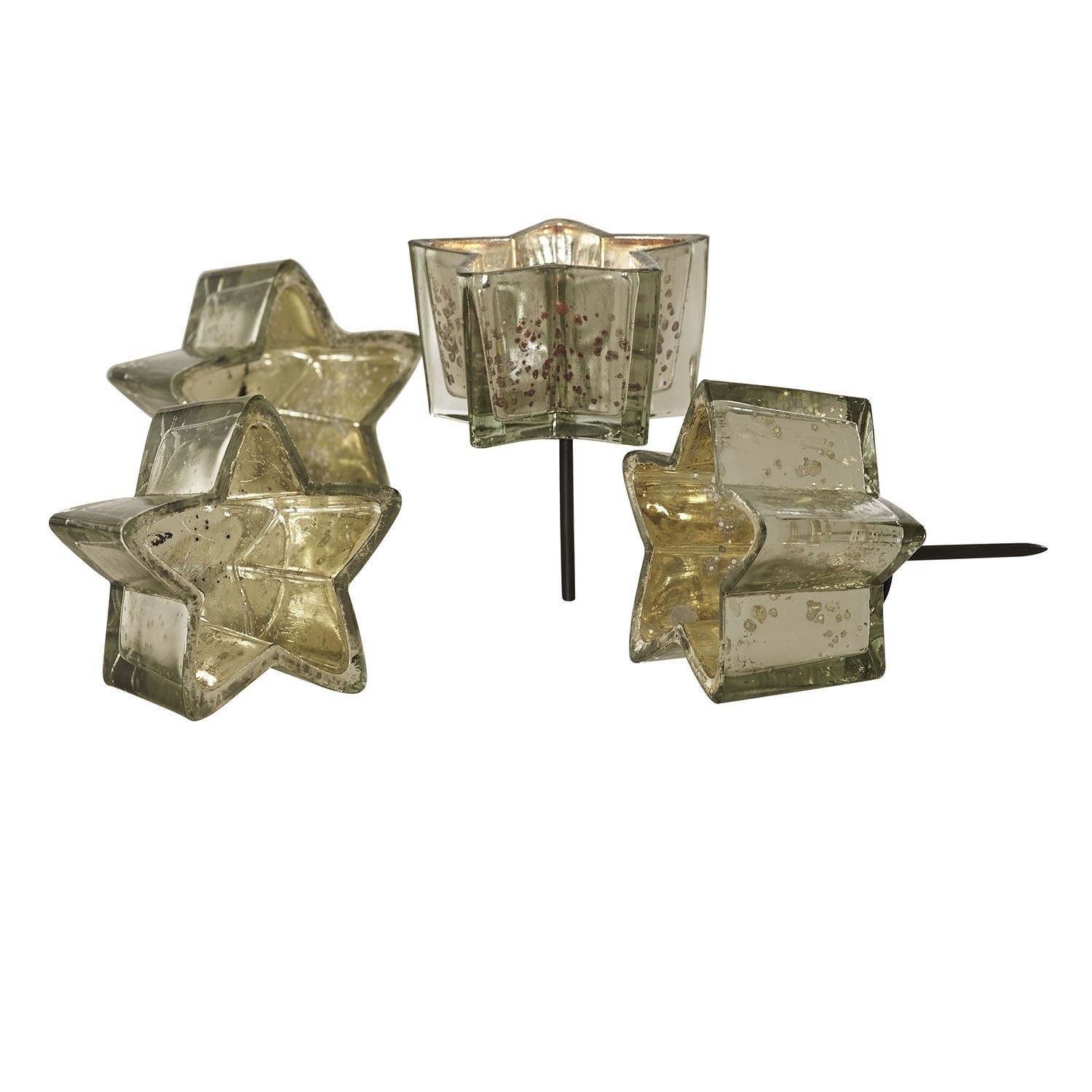 Set de 4 farolillos para clavar Bernice Portavelas de vidrio en forma de estrella con pinchos metálicos, decoración dorada para fiestas