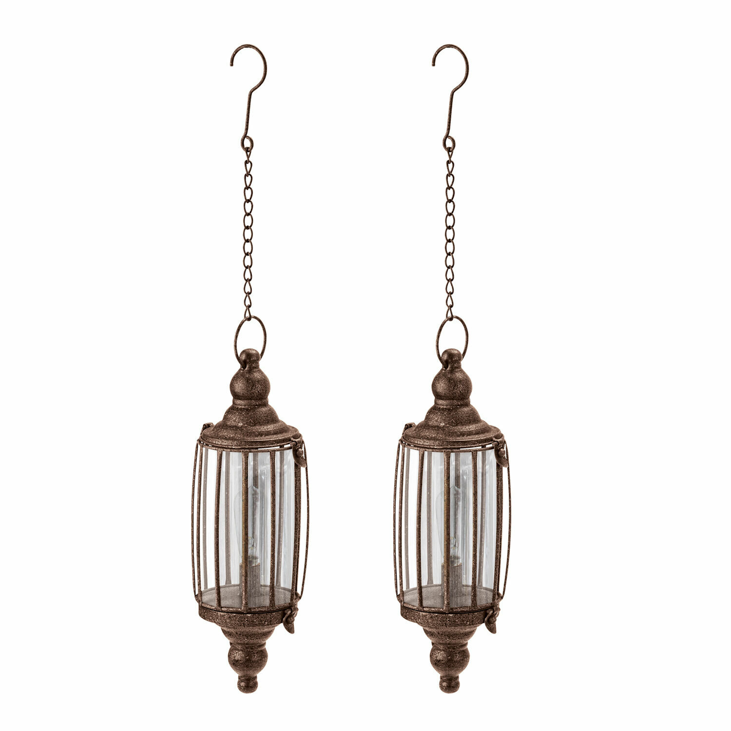 Set de 2 farolillos colgantes Flavin Conjunto de dos faroles colgantes de metal oxidado con vidrio transparente, decoración de jardín