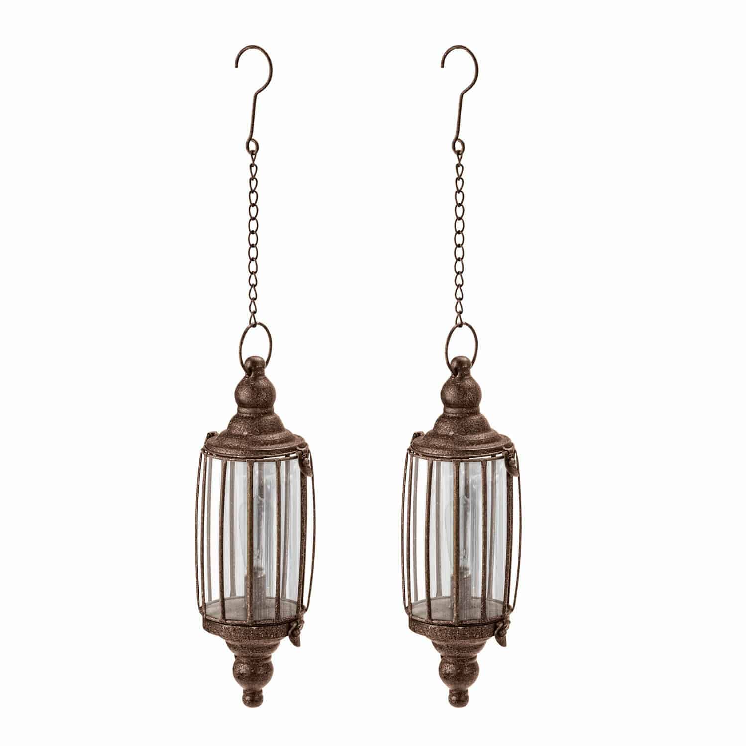 Set de 2 farolillos colgantes Flavin Conjunto de dos faroles colgantes de metal oxidado con vidrio transparente, decoración de jardín