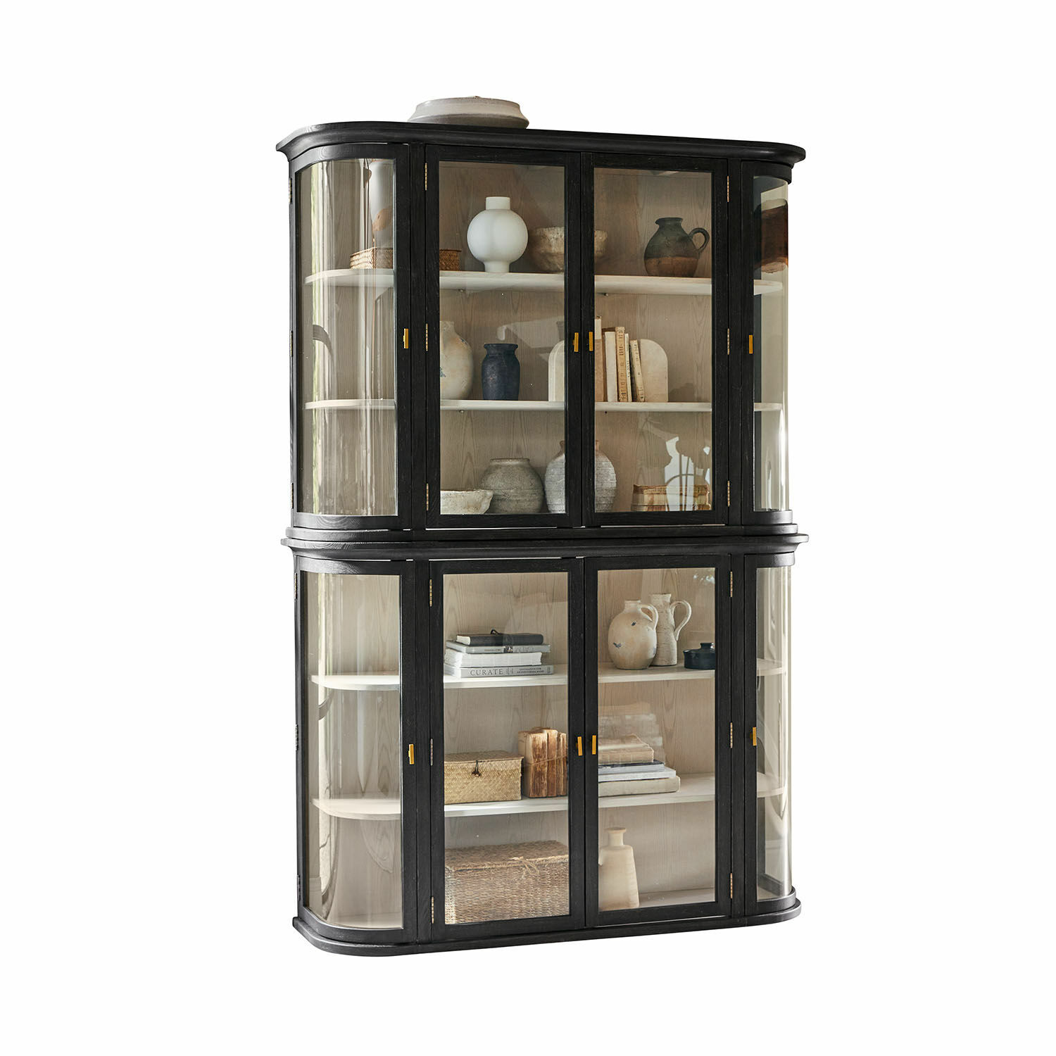 Vitrina de madera negra con puertas de vidrio y estantes para decoraciones y libros