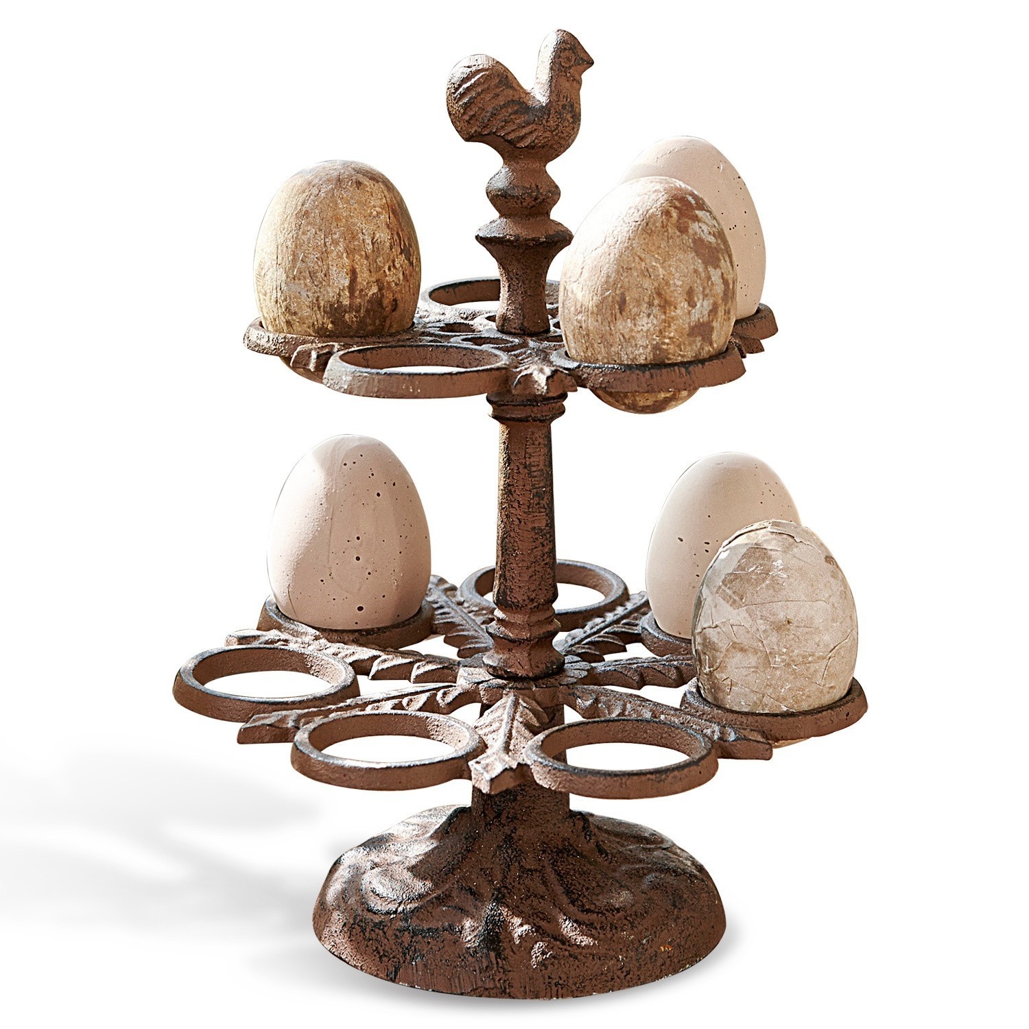 Bandeja de niveles para huevos Nelis Soporte metálico para huevos color óxido con gallo decorativo, decoración rústica de Pascua
