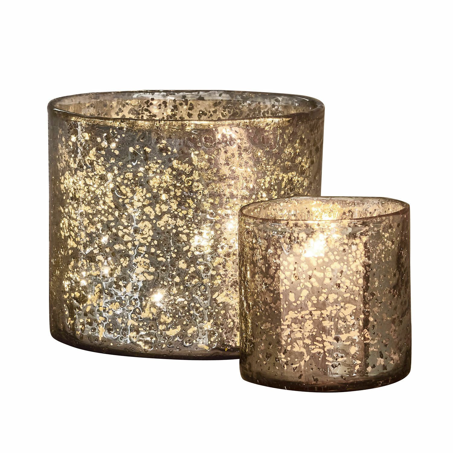 Set de 2 portavelas Samuel Conjunto de dos portavelas de vidrio dorado con diseño decorativo para decoración interior