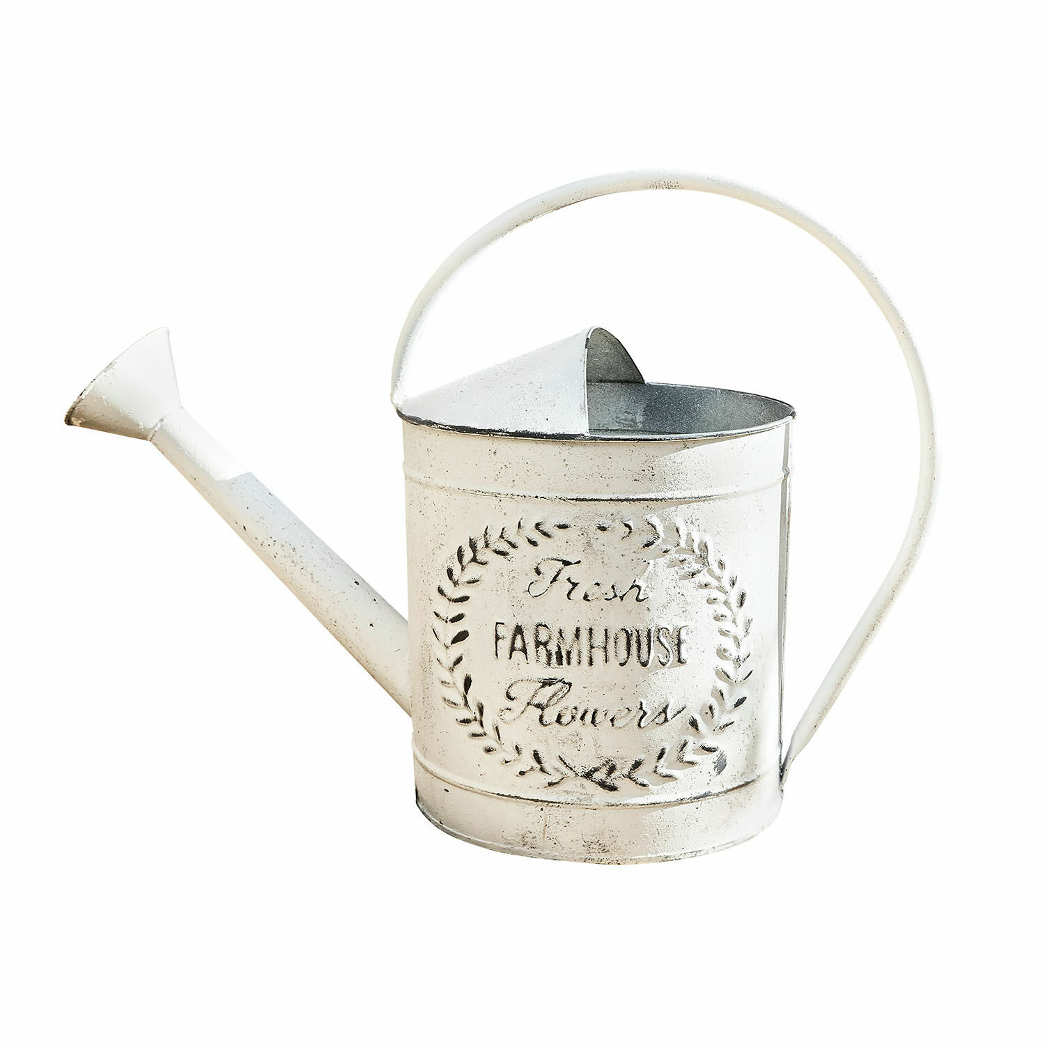 Regadera Farmhouse Regadera metálica blanca con texto Fresh Farmhouse Flowers para jardinería rústica