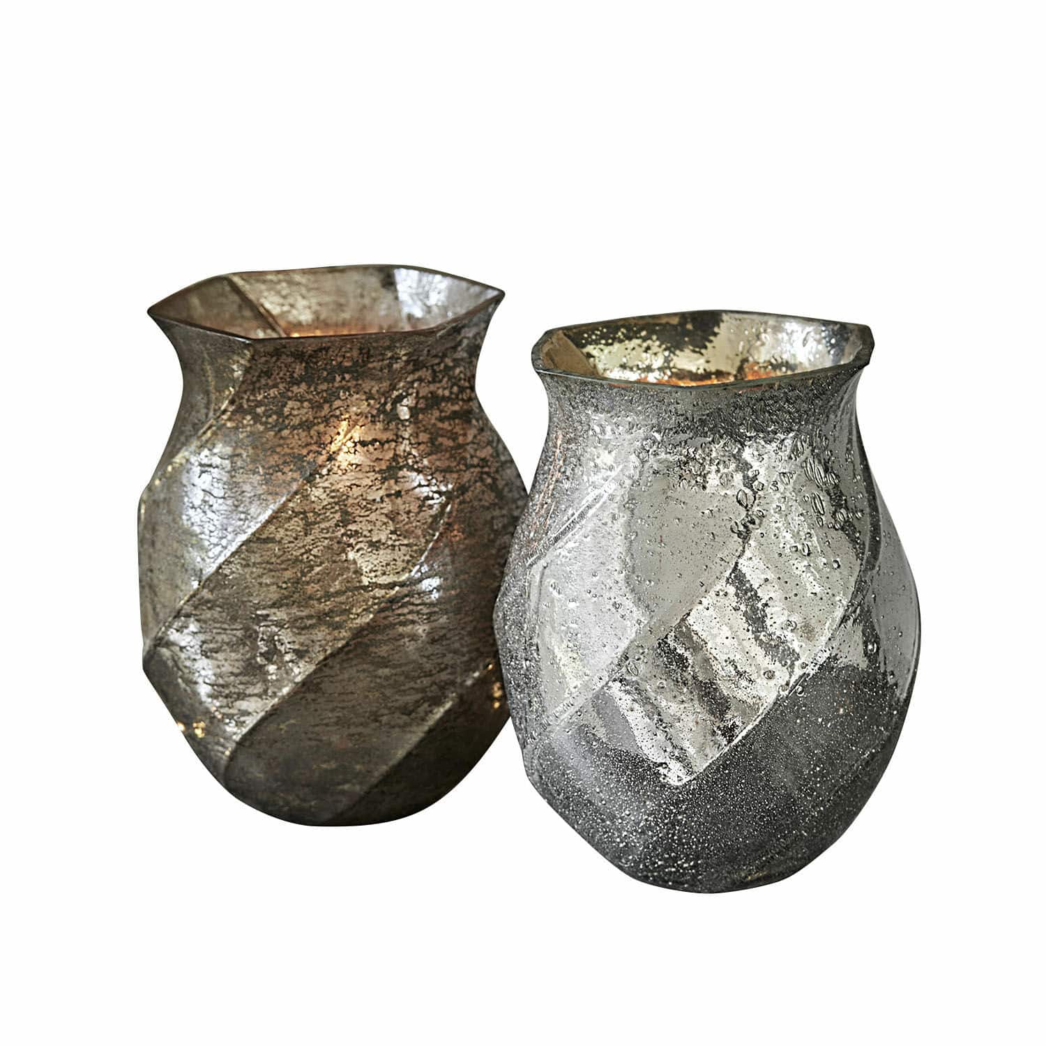 Set de 2 portavelas Tixovel Conjunto de dos portavelas de vidrio con acabado plateado envejecido, decoración vintage para hogar