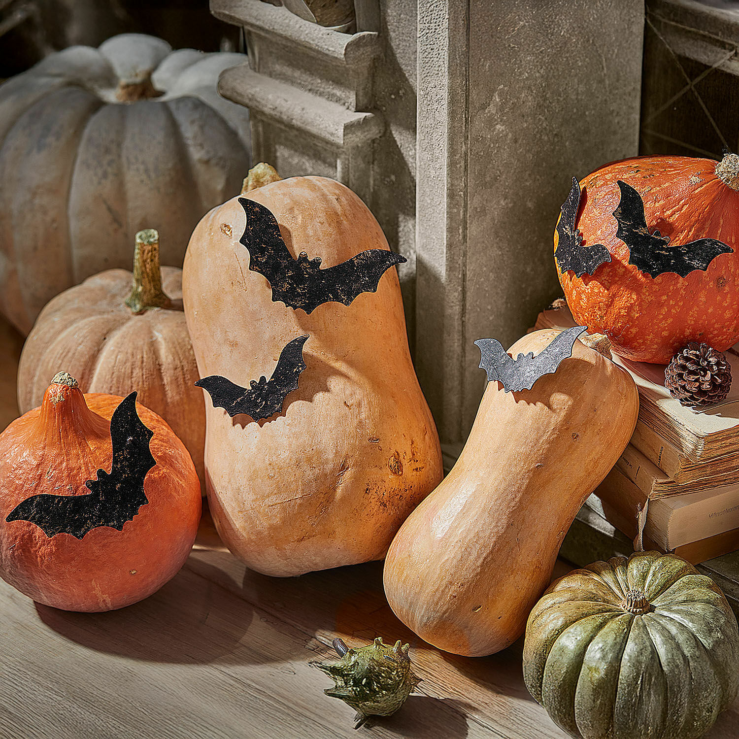 Calabazas decorativas naturales con murciélagos de metal negro para decoración otoñal