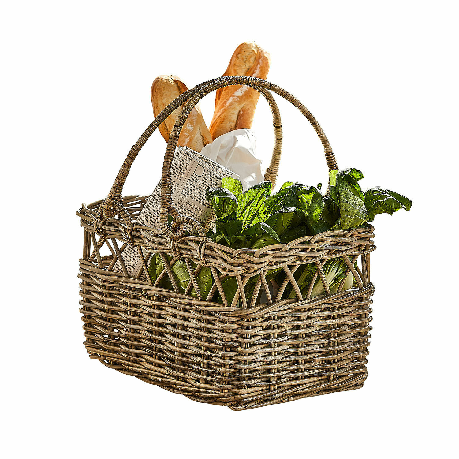 Cesta Amixal Cesta de mimbre natural con asas, llena de hojas verdes y baguettes, cesta para compras
