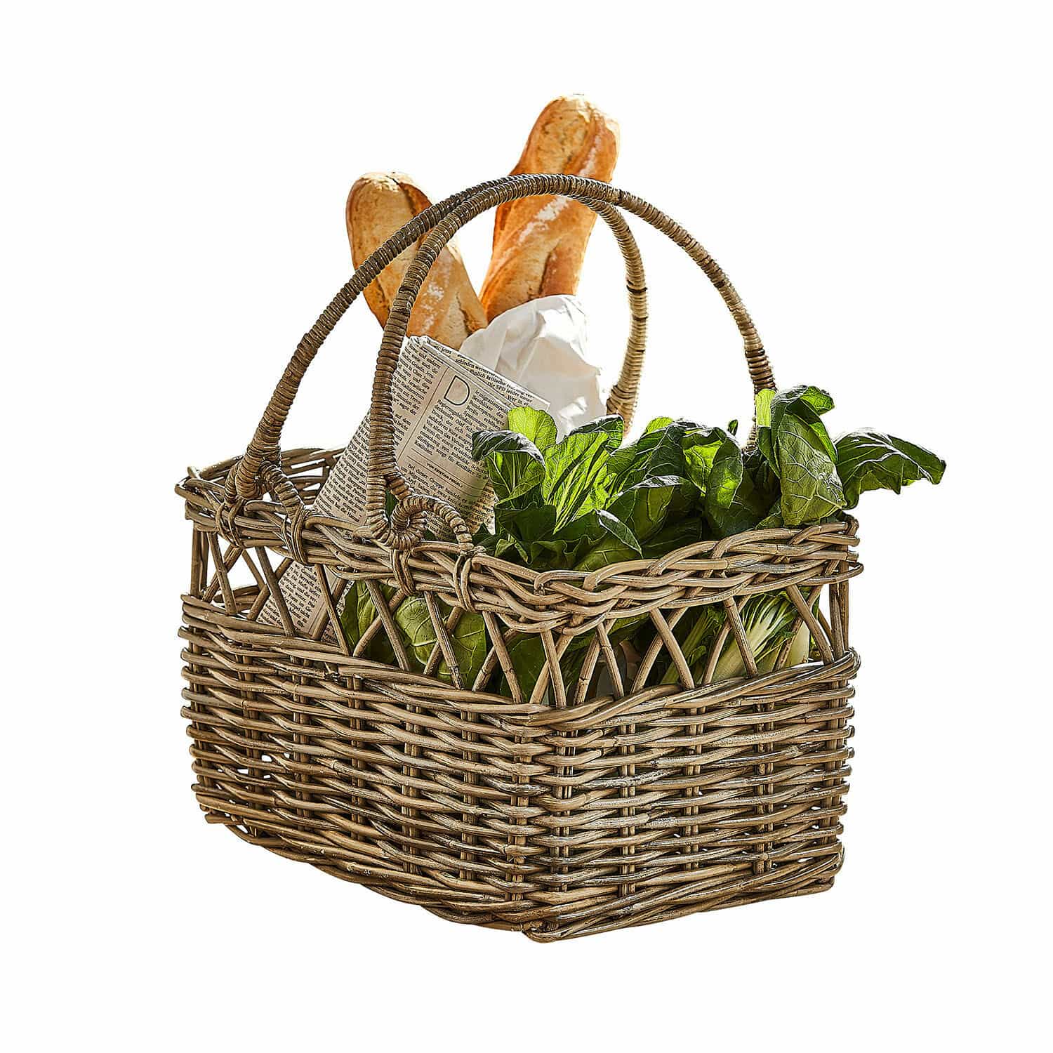 Cesta Amixal Cesta de mimbre natural con asas, llena de hojas verdes y baguettes, cesta para compras