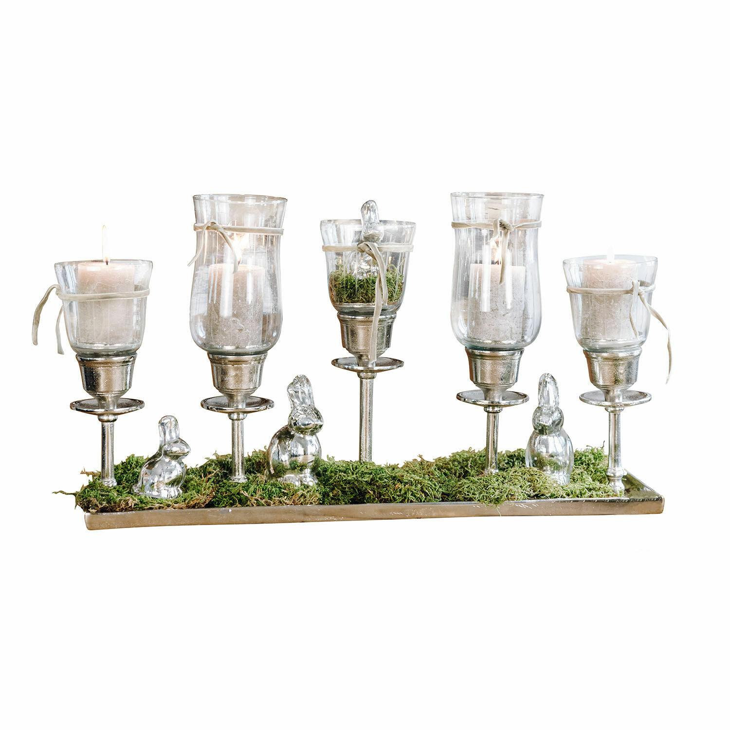 Set de decoración de Pascua Osterfreude Portavelas decorativo de vidrio y metal con velas blancas y musgo verde, adorno de mesa