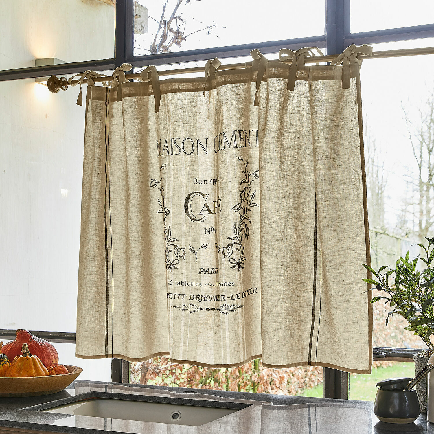 Visillo Girest Cortina beige de lino con estampado negro de café, decoración de ventana para cocina, material natural