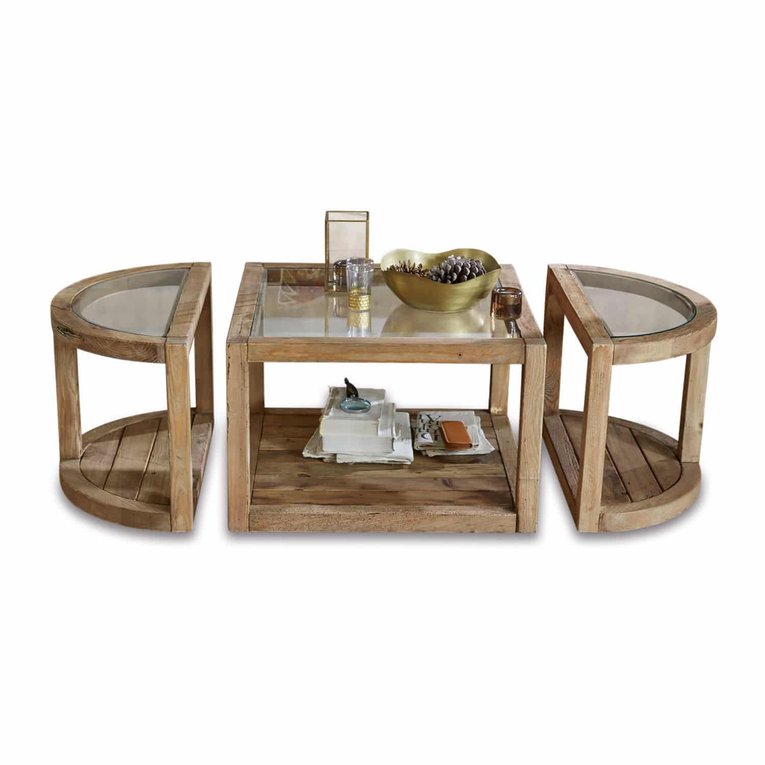 Mesa de centro Hyllorian Conjunto de mesas de centro de madera natural y vidrio, muebles prácticos y elegantes para salón