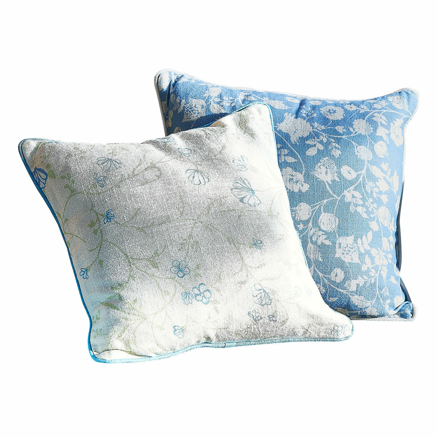 Set de 2 fundas de cojín Corvelique Dos cojines decorativos de algodón azul y blanco con motivos florales para salón y dormitorio