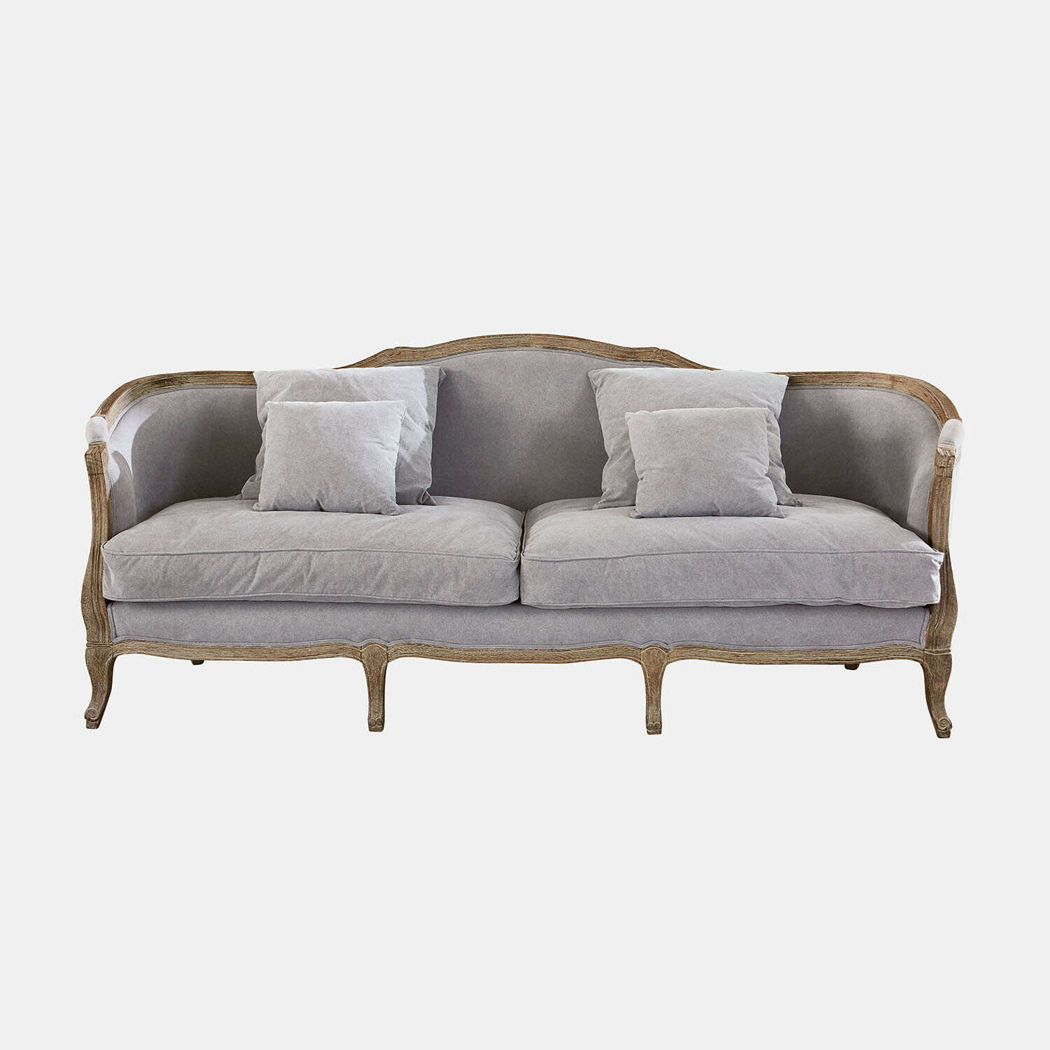 Sofá vintage con tela gris y marco de madera, mueble cómodo para sala de estar