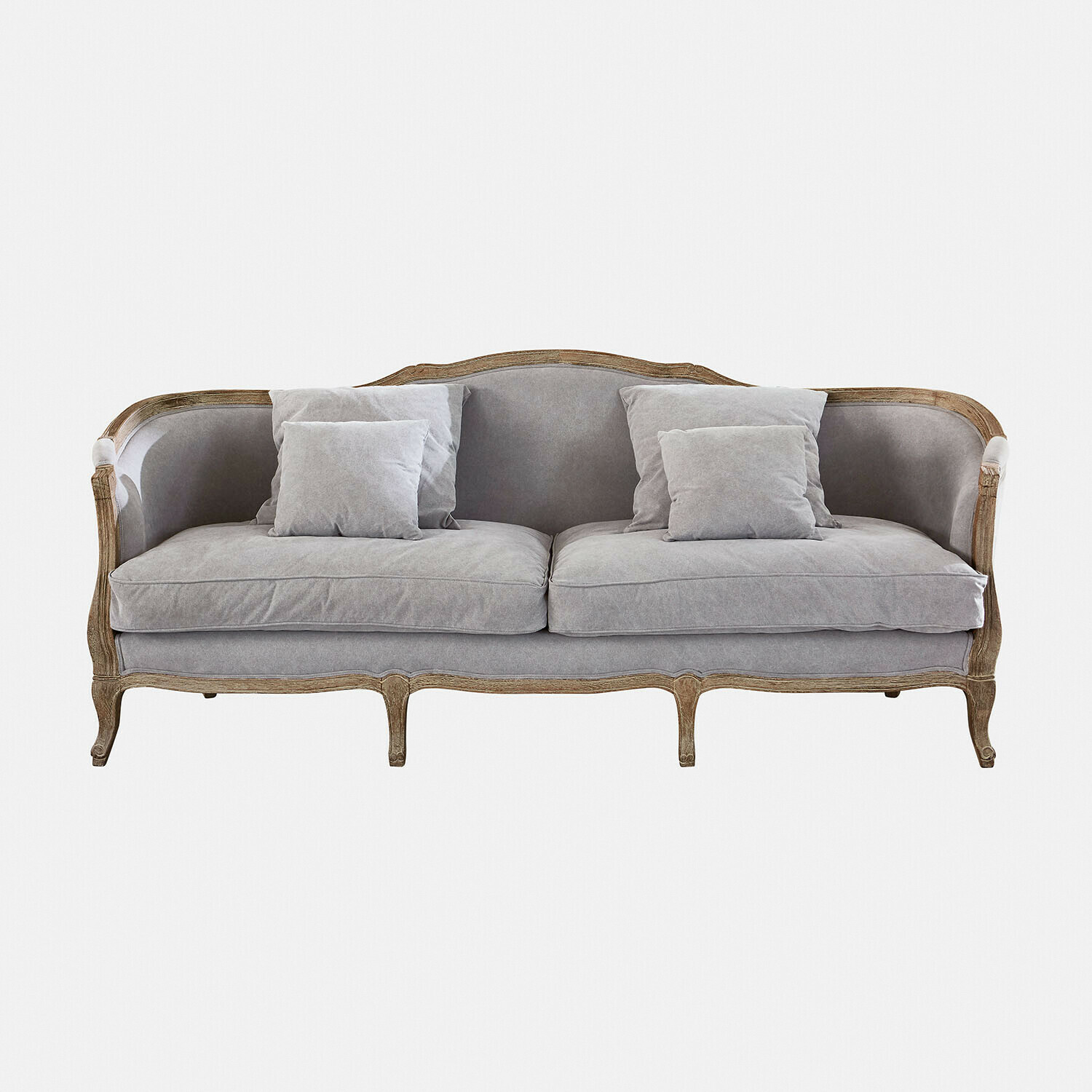 Sofá vintage con tela gris y marco de madera, mueble cómodo para sala de estar