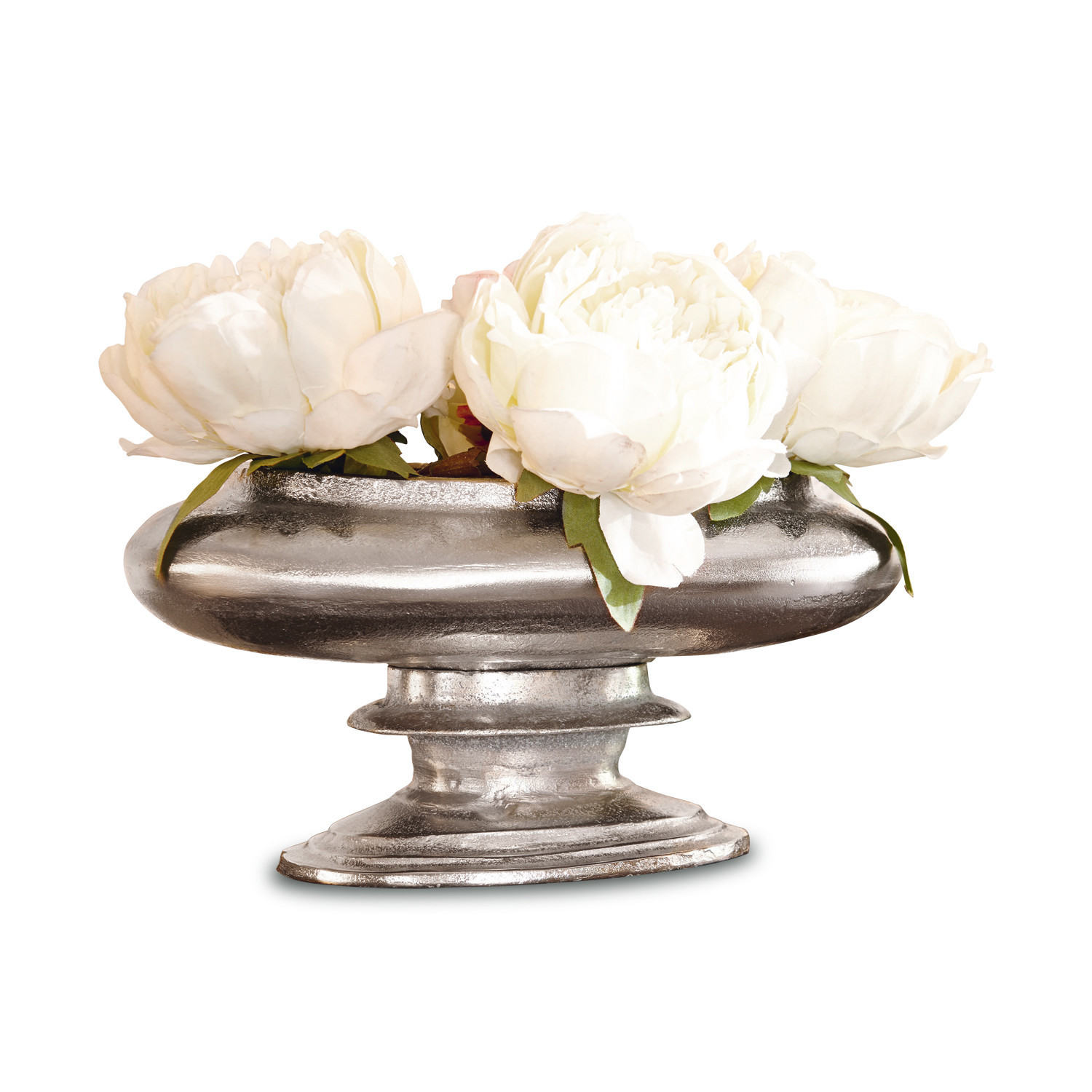 Jarrón Loyère Cuenco decorativo de metal plateado con flores blancas para decoración interior