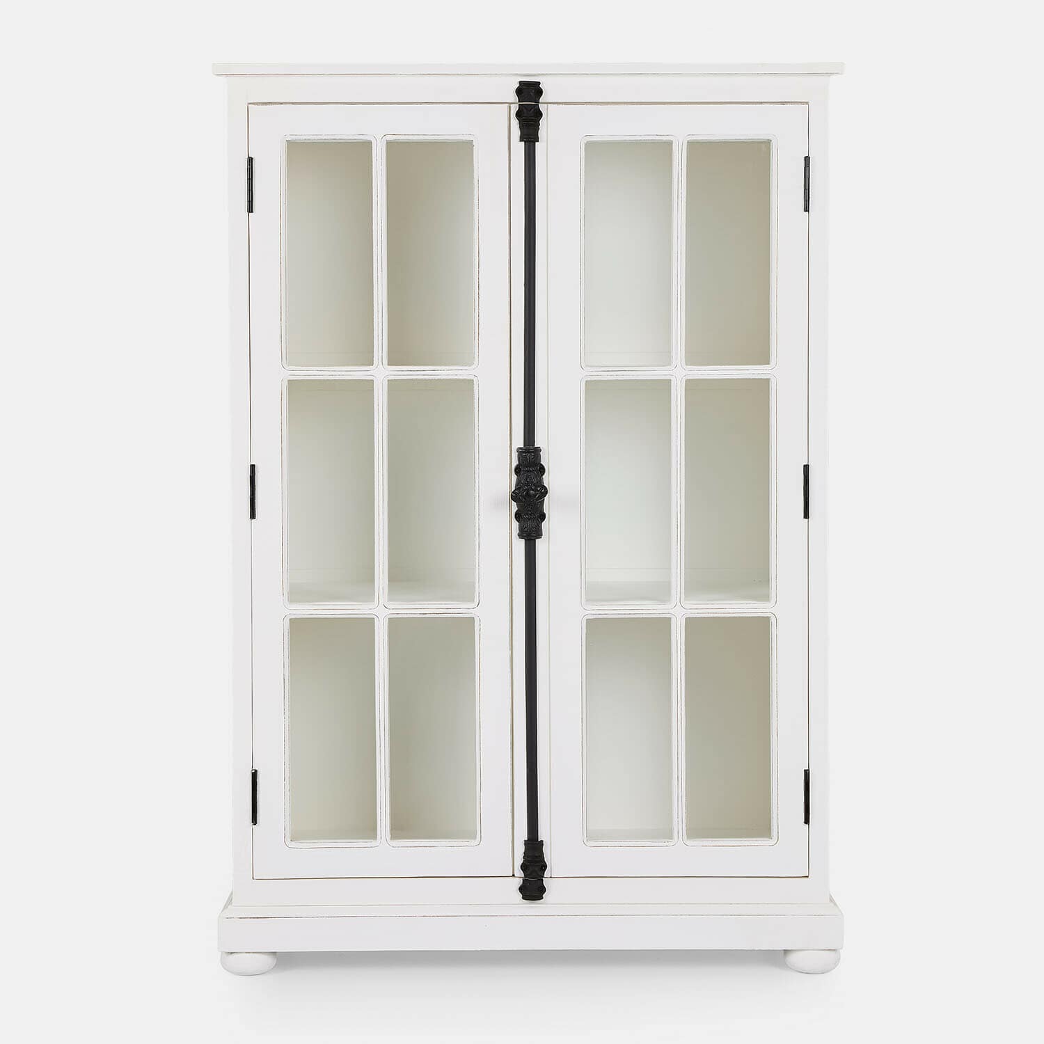 Vitrina Salivonne Armario blanco de madera con puertas de cristal y tirador metálico negro para almacenamiento