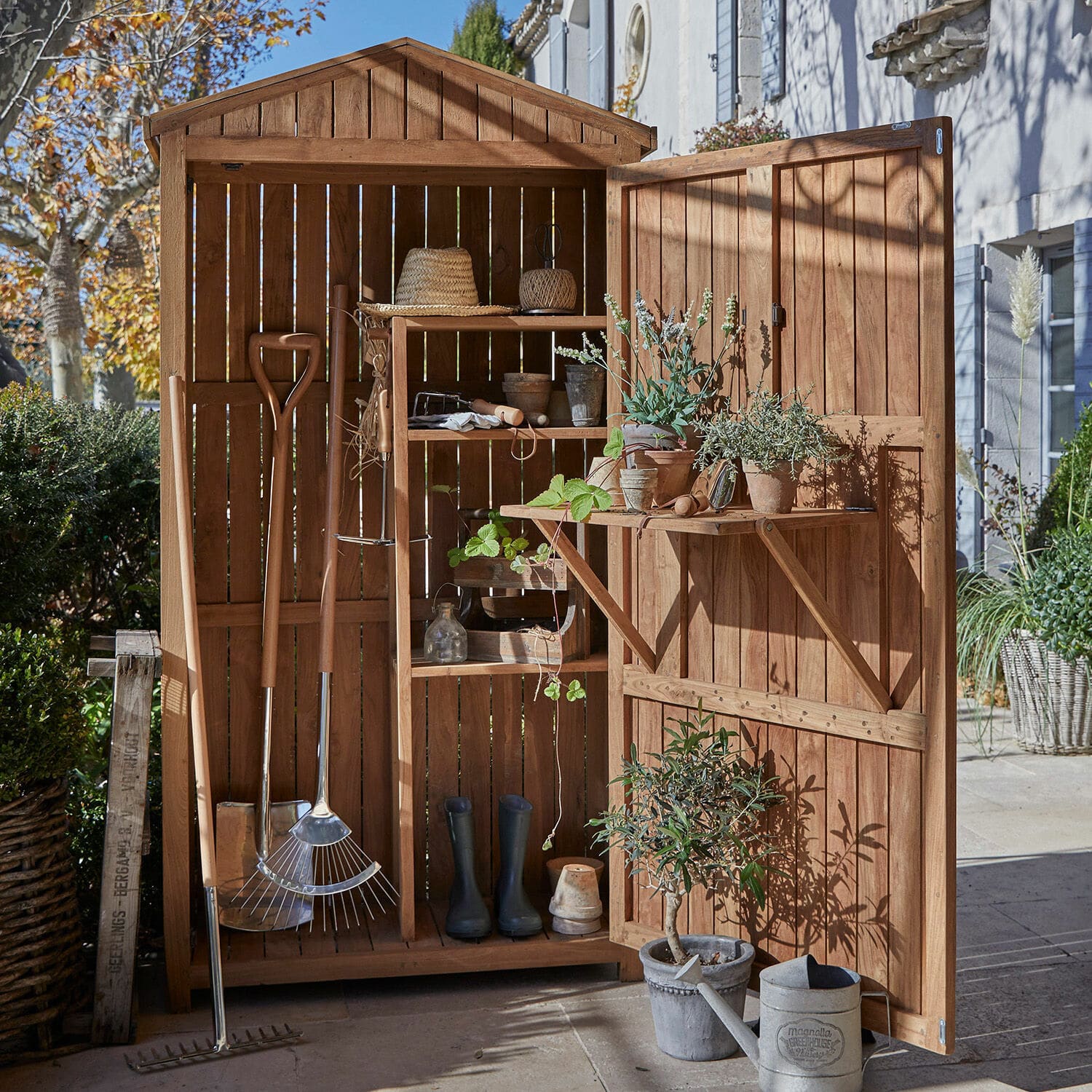 Armario de jardín Tomte Cobertizo de jardín de madera natural con estantes y herramientas de jardinería para plantas en macetas