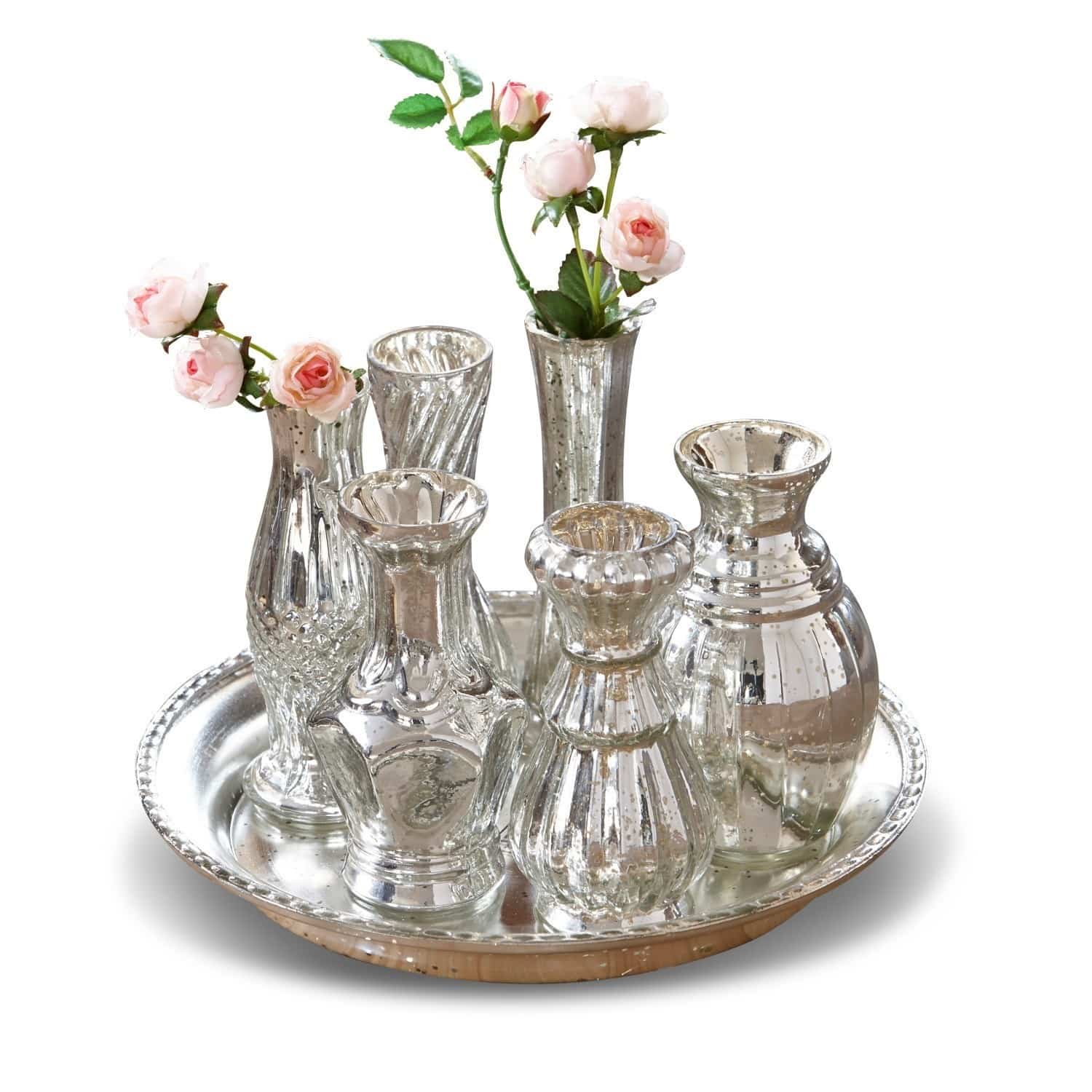Bandeja con jarrones Blairville Conjunto de jarrones de vidrio plateado en bandeja con flores rosas, decoración de mesa