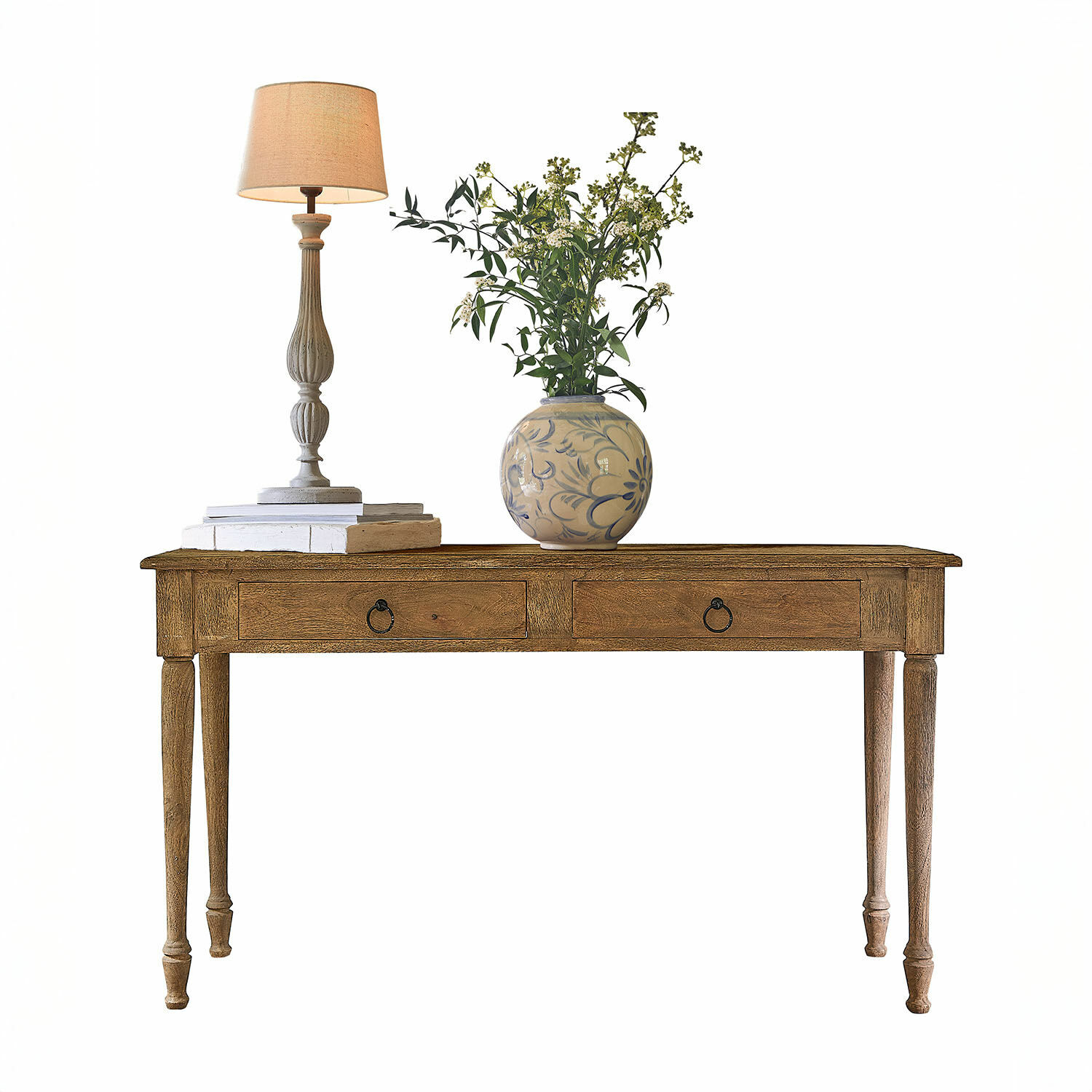 Consola Jovrac Mesa de madera con dos cajones, lámpara y jarrón de cerámica con flores verdes encima